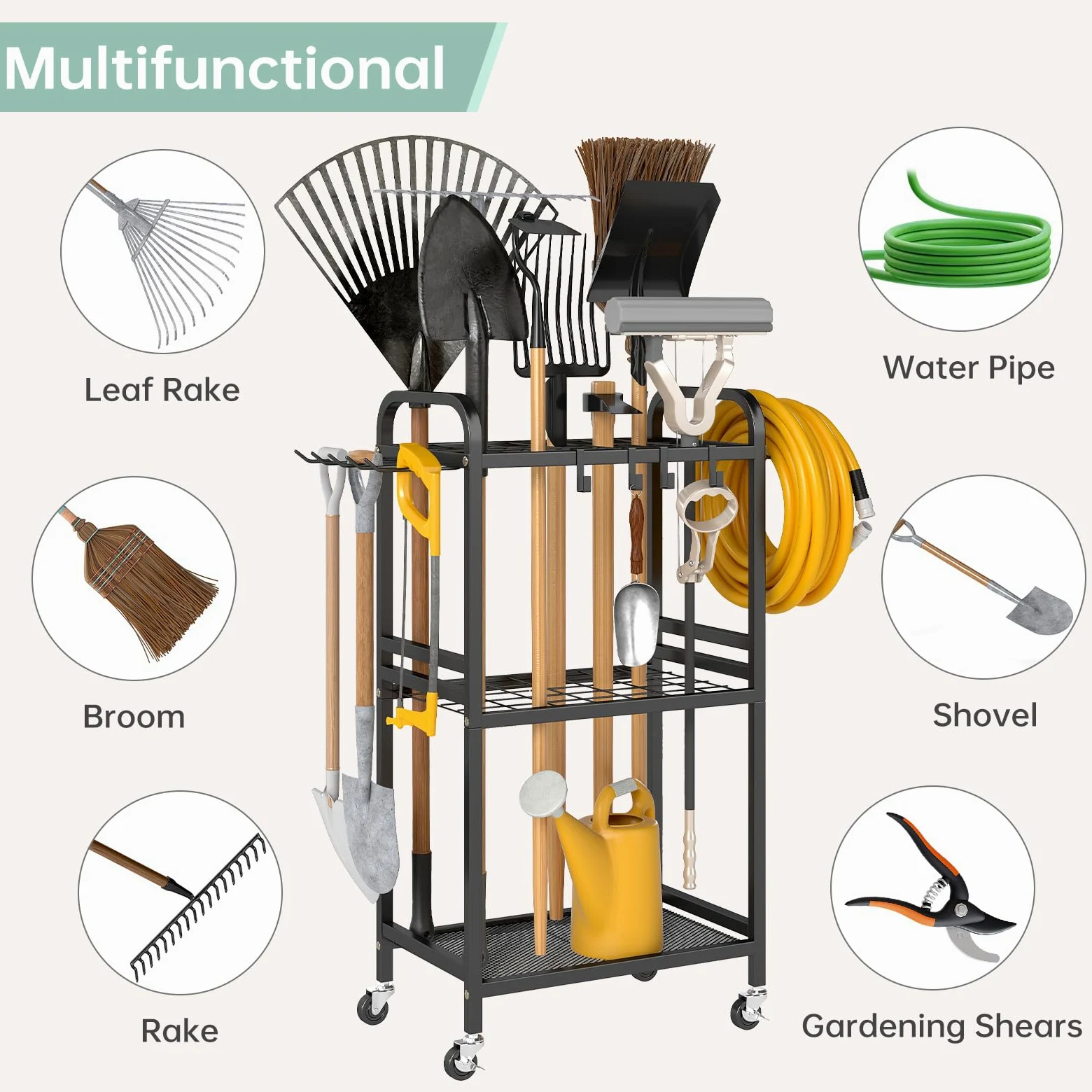 Hadulcet Organiseur d'outils de jardin, organisation et rangement de garage en métal avec roues verrouillables, porte-outils de jardin avec crochets de rangement, organiseur d'outils de cour robuste