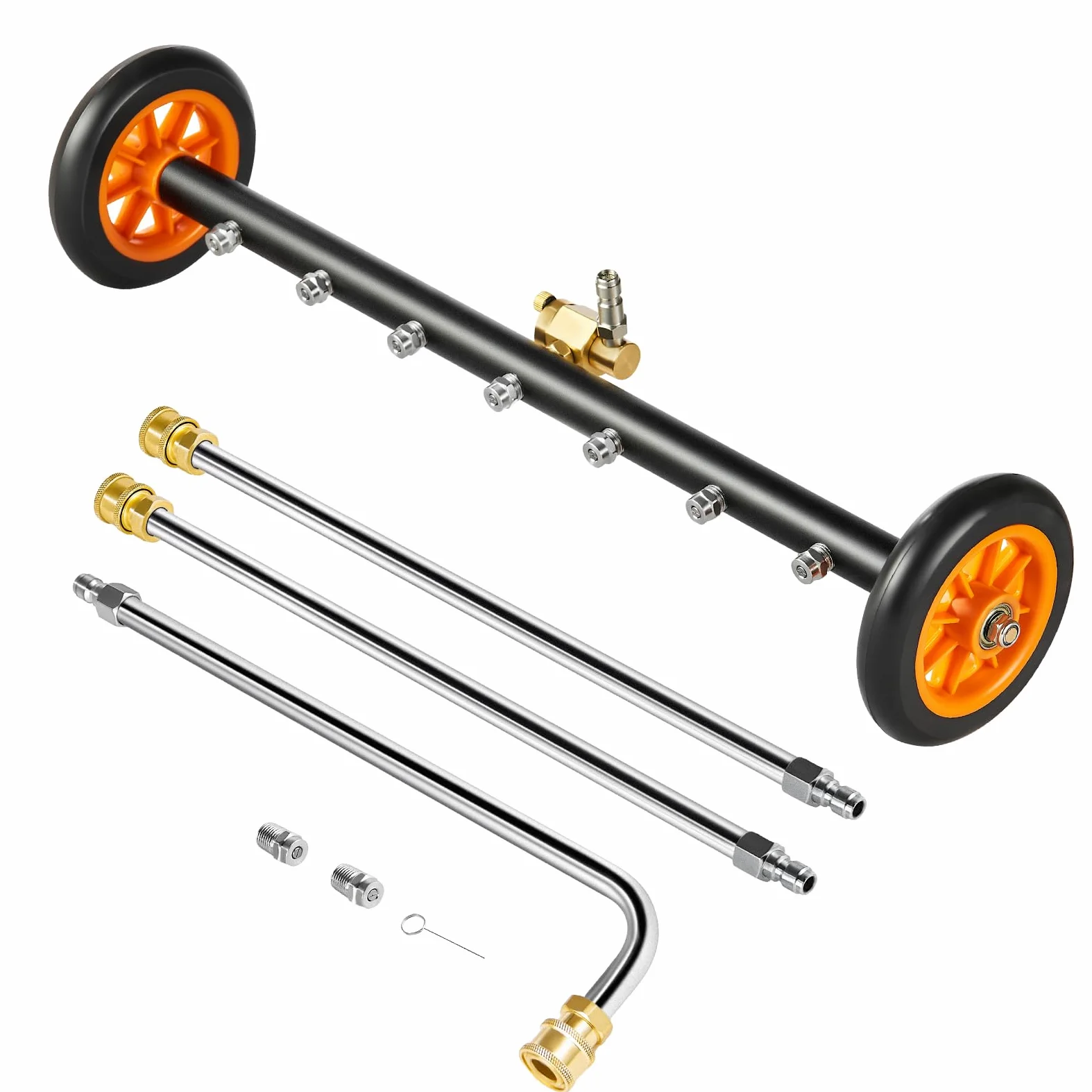 VEVOR Nettoyeur de Surface pour Nettoyeur Haute Pression 590 mm, Accessoire Nettoyeur Sol en Acier INOX sur Roues, 275 Bar Max. mécanisme de réglage d'angle 7 Buses pulvérisation 2 tiges d'extension