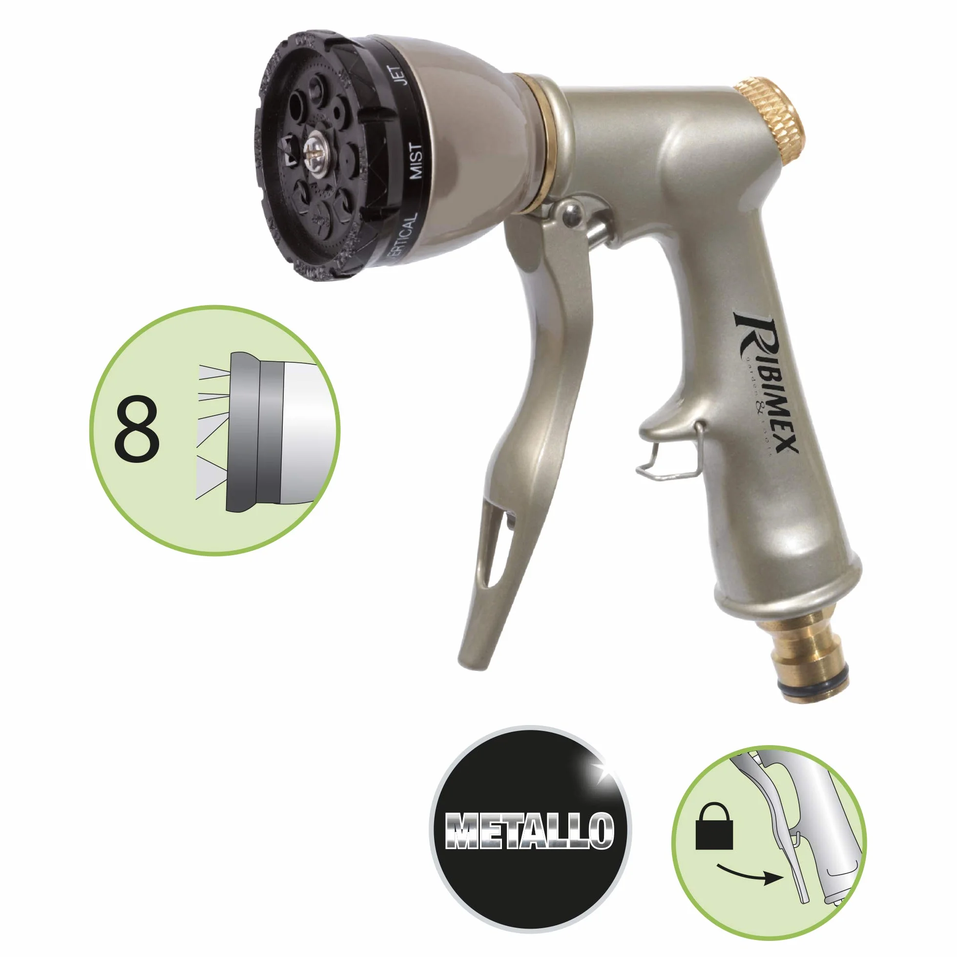 Ribiland Pistolet d'Arrosage Multifonction en Laiton 8 Types de Jets Beige