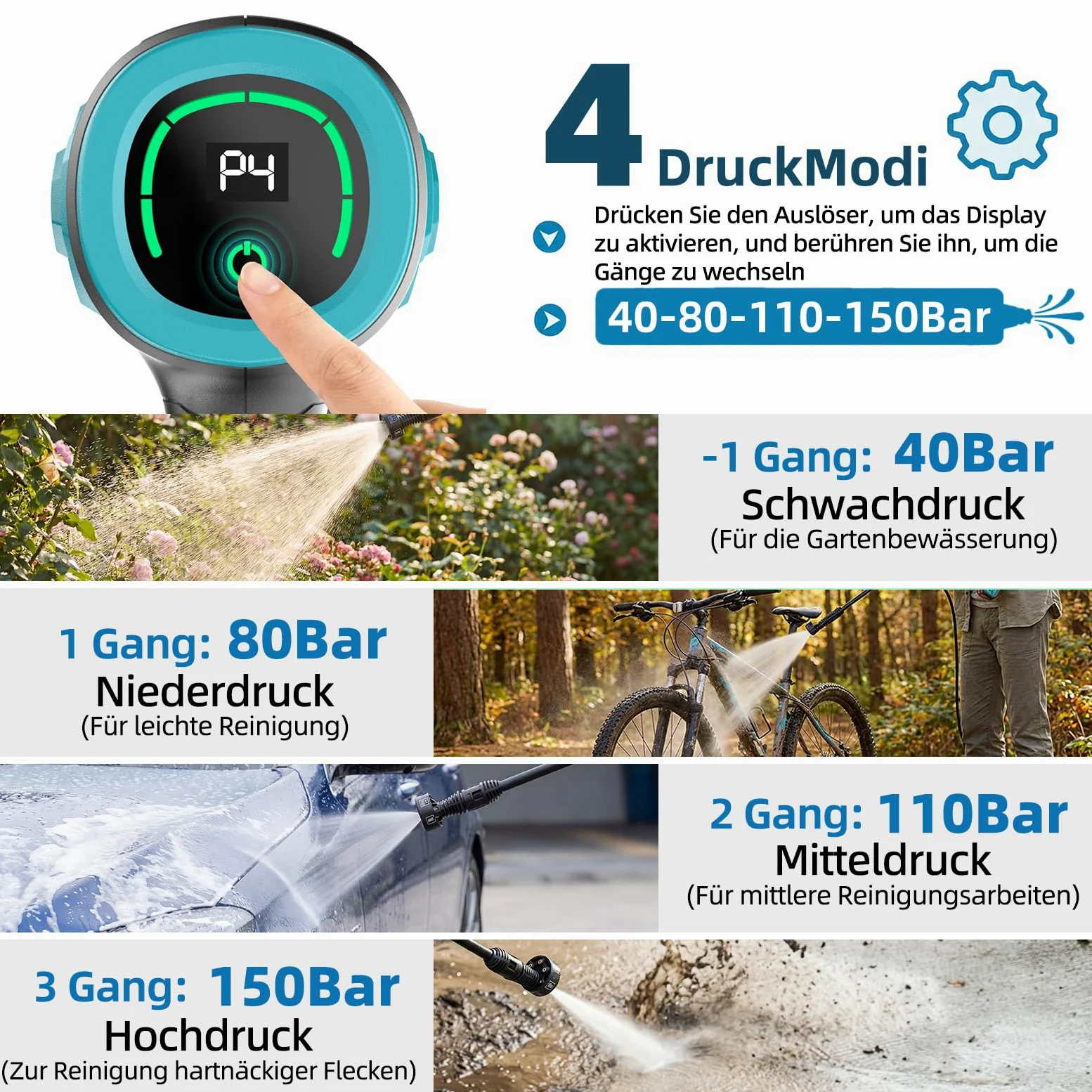 Nettoyeur haute pression sans fil, mode 4 vitesses, max 150 bar, Hydro Blast, nettoyeur haute pression mobile multifonction avec 2 batteries de 4,0 Ah, buse 6 en 1 et rotation à 180° pour voitures