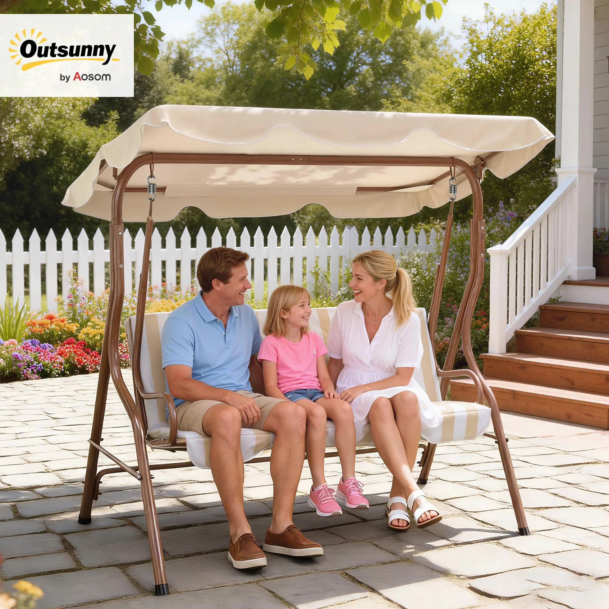 Outsunny Balancelle de Jardin 3 Places Toit imperméabilisé Inclinaison réglable Acier Polyester Marron crème rayé