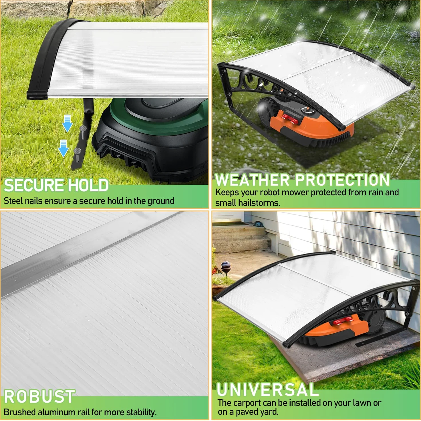 Eulenke Garage pour tondeuse robot à gazon, 105 x 85 x 45 cm, pour jardin, résistant aux intempéries et protection UV, avec pieds en métal, transparent