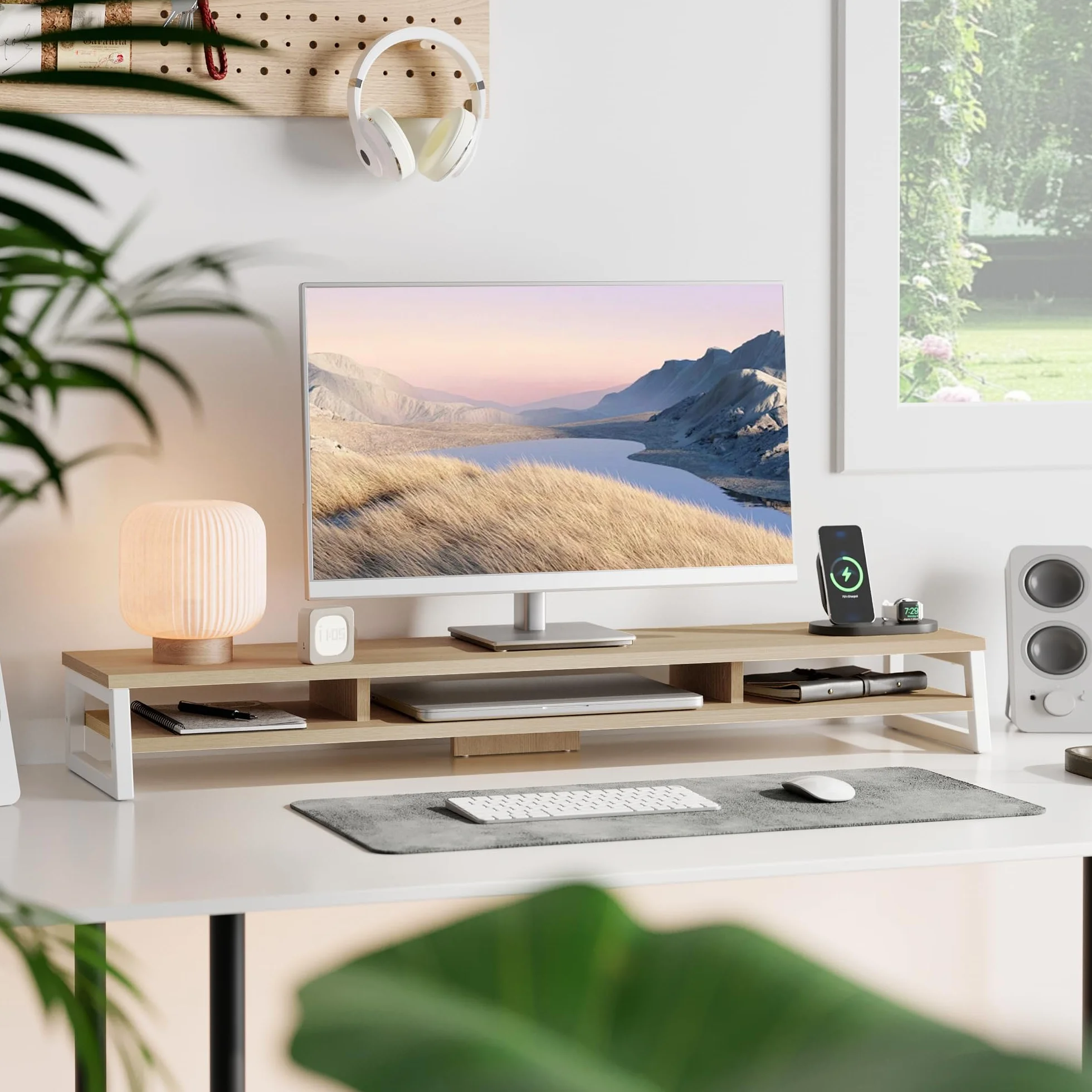 Fenge Réhausseur d'Écran d'Ordinateur en Bois, Support de Moniteur, 108x25,5x13,7cm, Charge 45KG (Chêne)