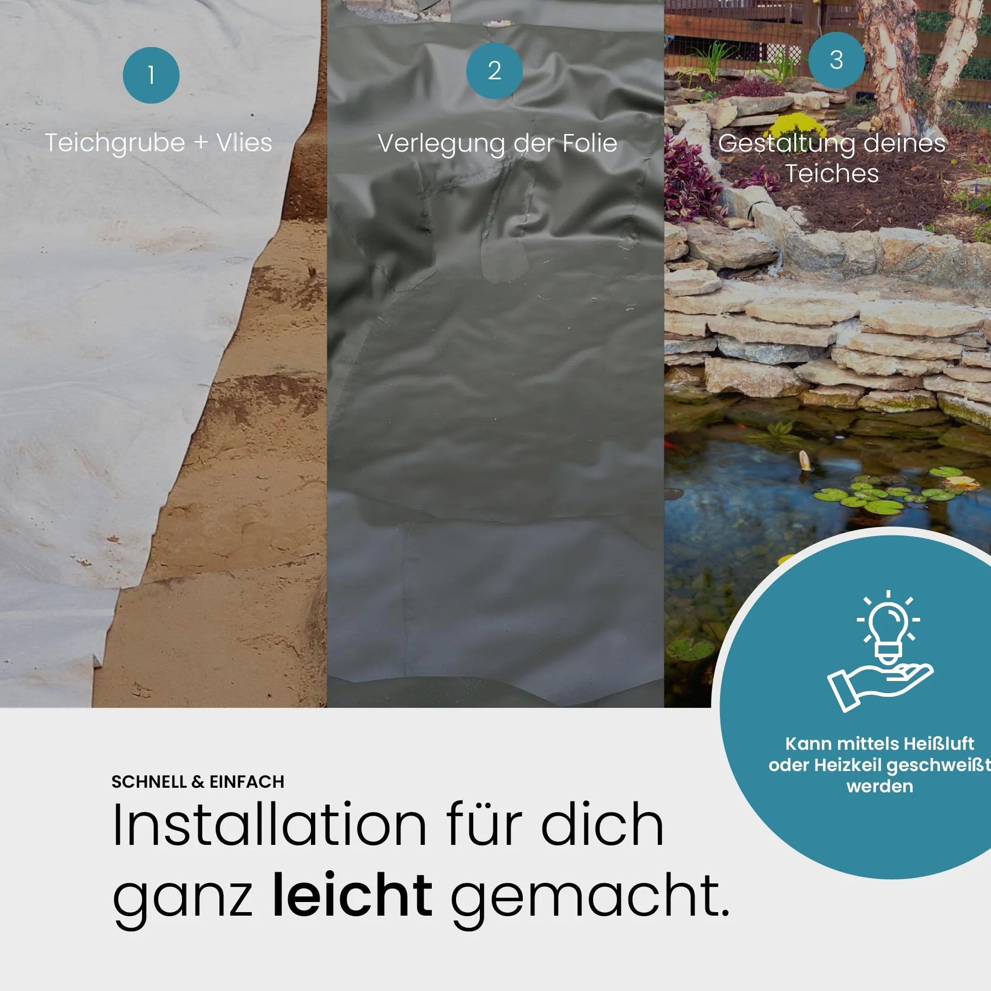 TeichVision - Bâche en PVC de qualité supérieure pour bassin - Gris clair - Épaisseur : 1 mm - 2 m x 3 m - Film PVC gris - Convient pour les étangs, les biotopes, les piscines naturelles
