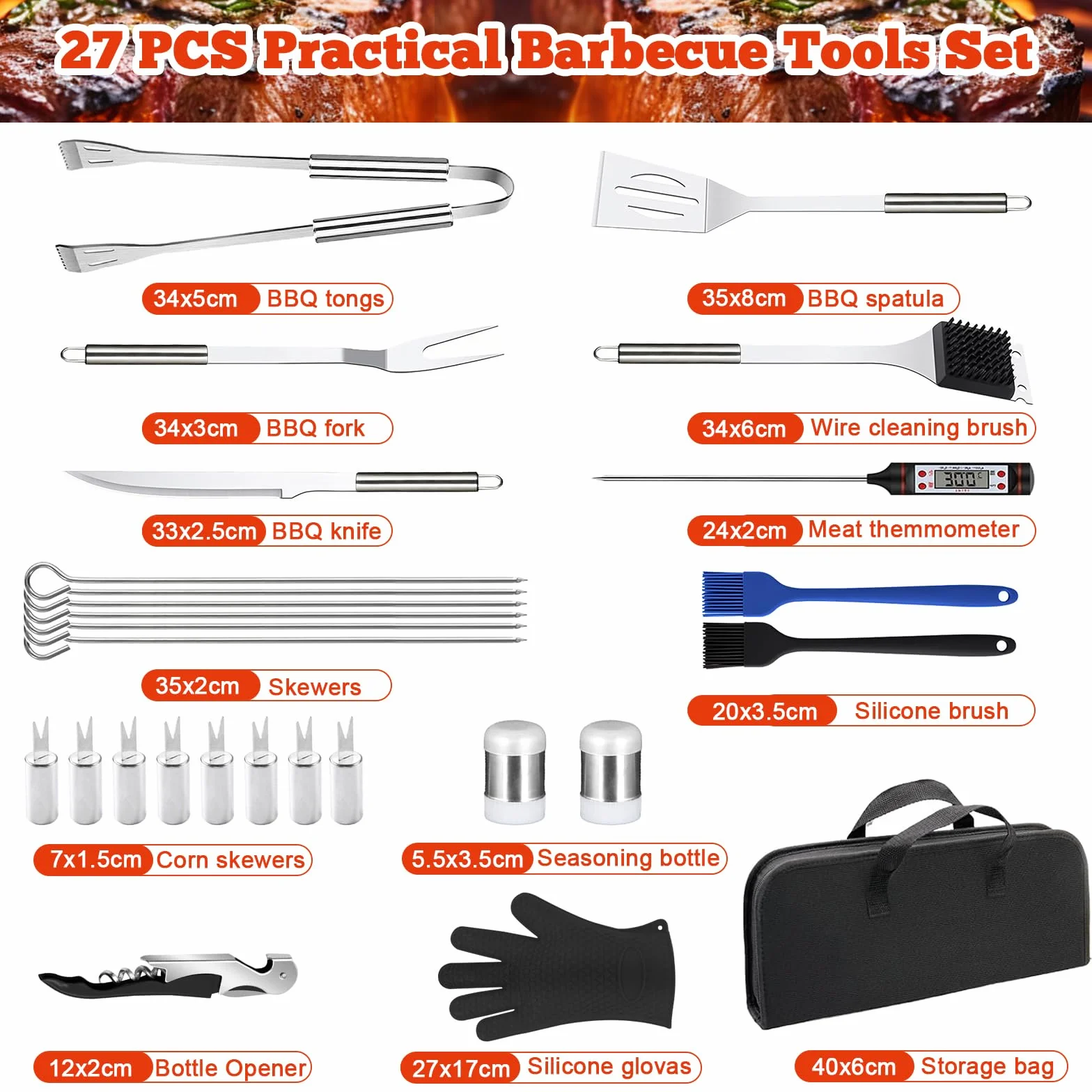 Set de Barbecue en Acier Inoxydable 27 Pièces, Ustensiles de Grillade Professionnels avec Sac de Rangement