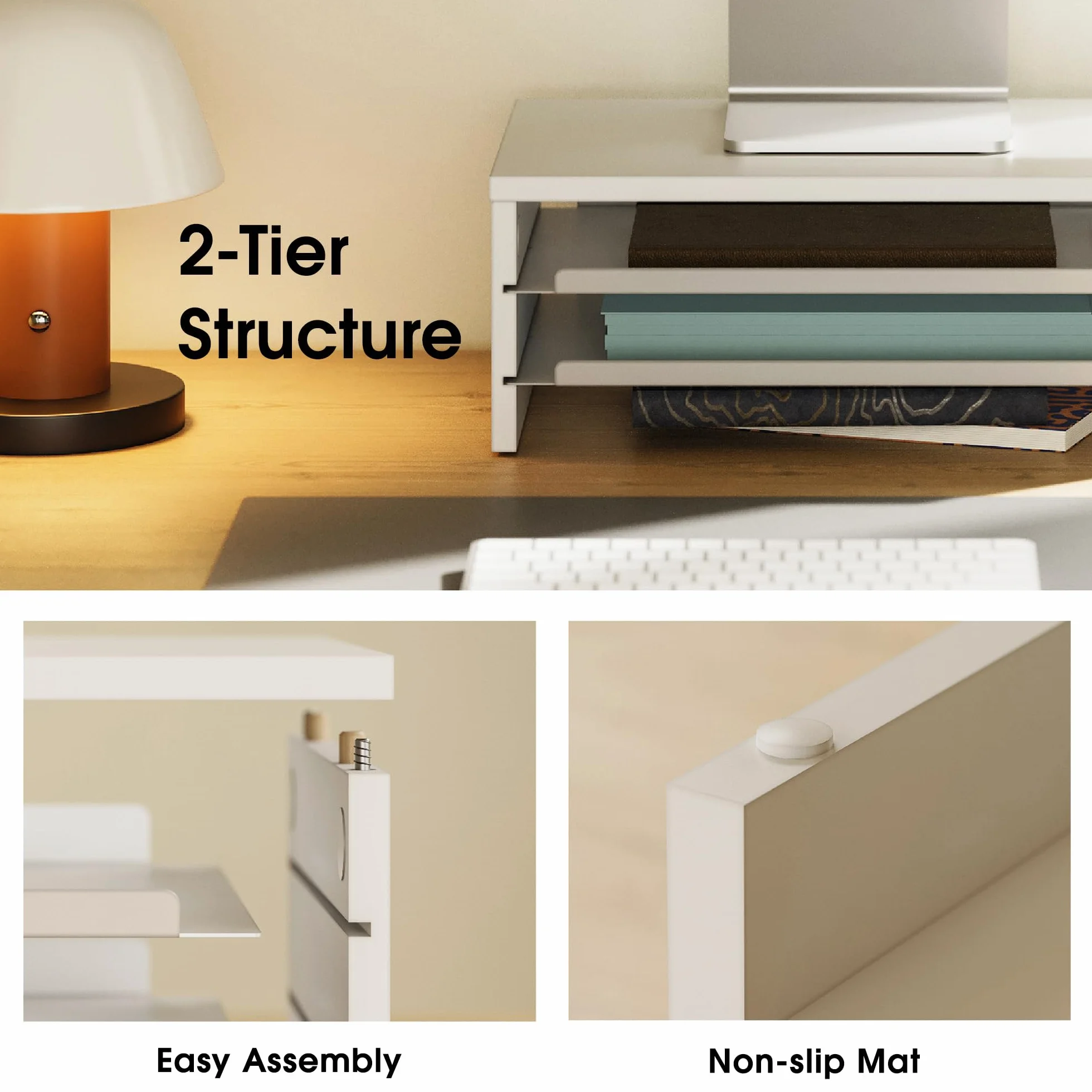 Fenge Support Moniteur Réhausseur d'Écran en Bois et Métal avec Plateau, 36,4x23,5x13,4 cm Blanc