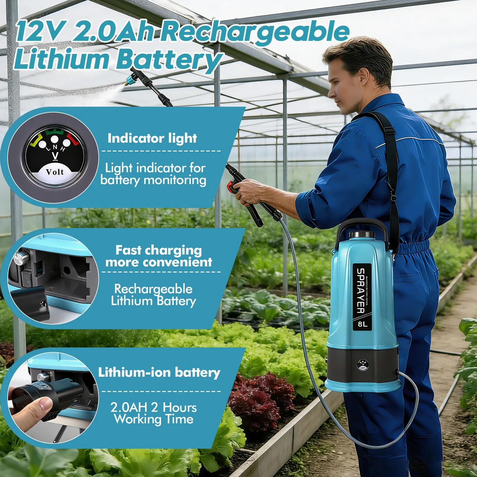 Pulvérisateur de Jardin 8L | Pulvérisateurs à Pression | 12V 45PSI Vaporisateur Plante par Batterie | 5 Buses, Pulvérisateurs à Dos pour Vinaigre, Désherbage & Entretien des Plantes,Voiture