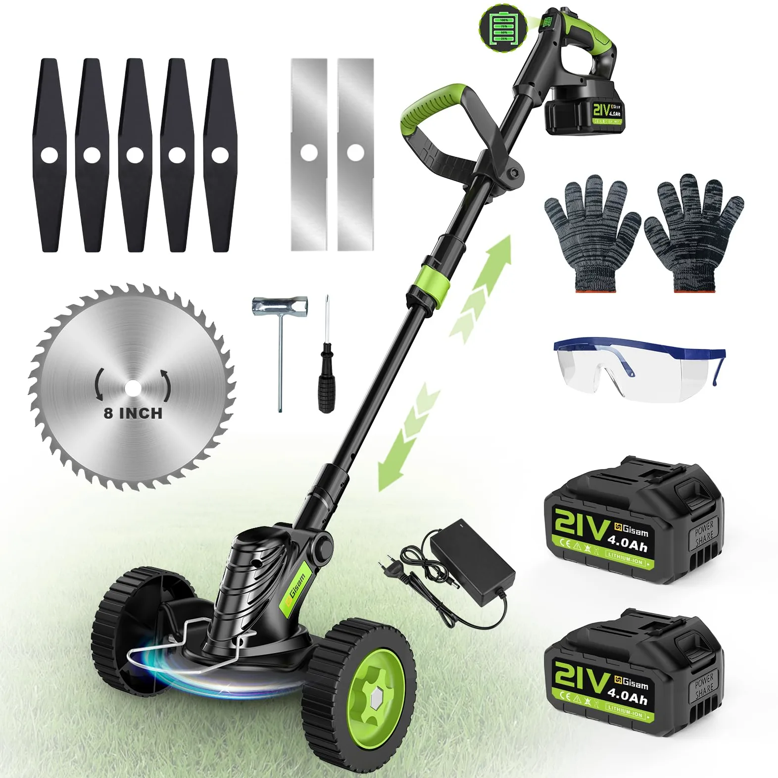 Tondeuse à Gazon avec Batterie,8" Débroussailleuse sans balais avec 2x4.0AH de Batterie, Coupe-Bordure de Jardin avec 3 Types de Lames, Roues Amovibles, Réglage télescopique pour Gazon Jardin