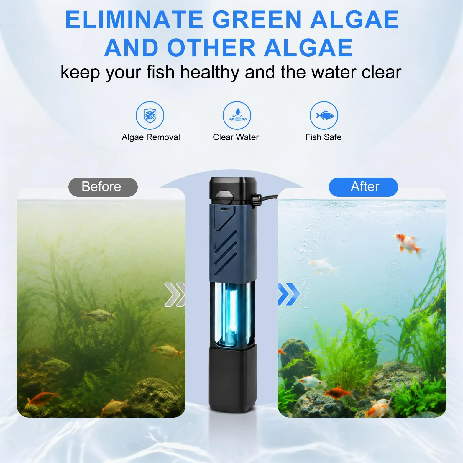 EXLECO 10W UV Stérilisateur pour Aquarium, Clarificateur à Glissière | avec 4 Niveaux de Minuterie, Usage Aquatique et Terrestre, pour Aquariums de 100 à 180 cm, Contrôle des Algues, UVF-1010