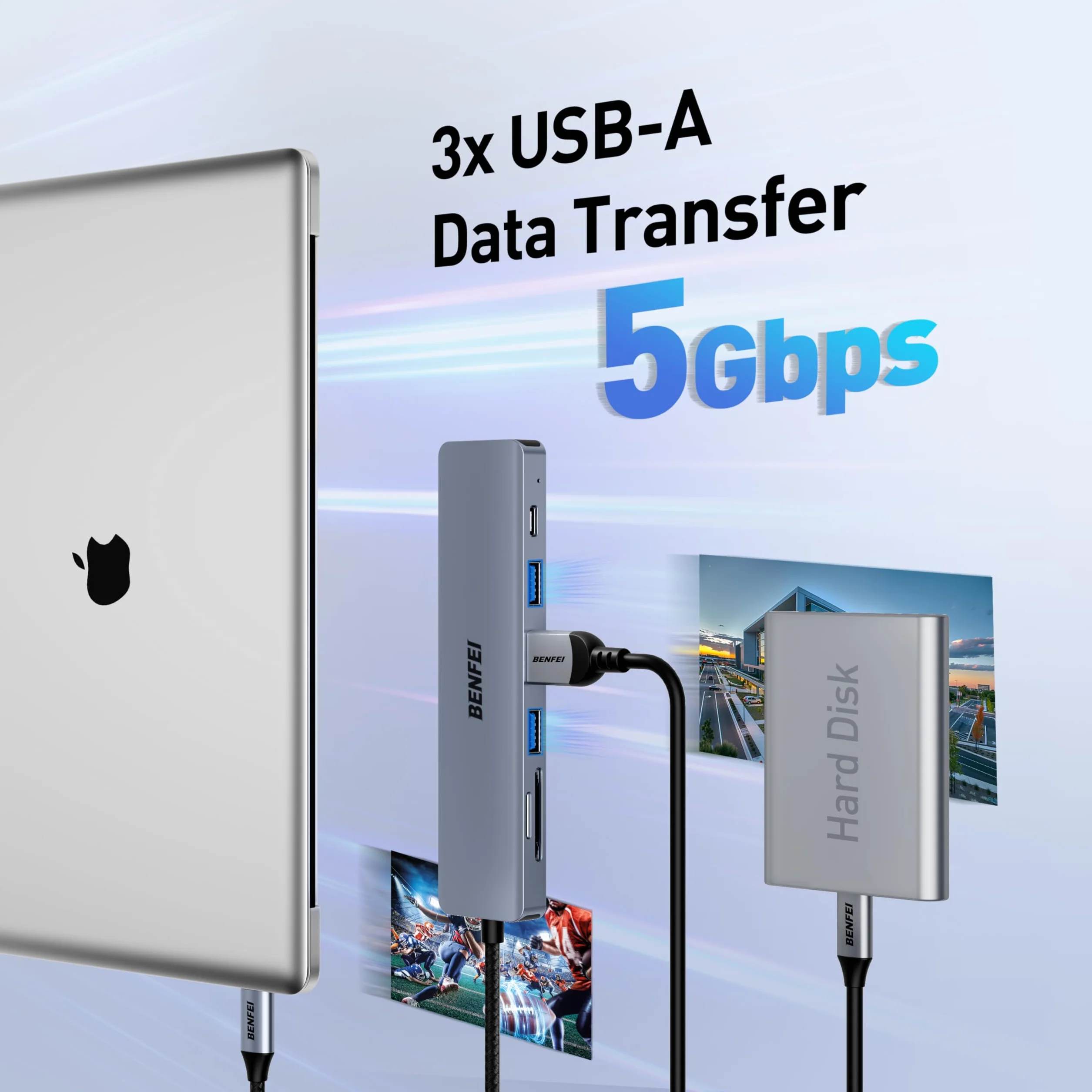 BENFEI Hub USB C 7 en 1, Adaptateur multiport USB-C avec HDMI 4K 60Hz, Alimentation 100W, USB 3.0 5Gbps, Lecteur de Carte SD/TF 160 Mo/s pour MacBook iPad