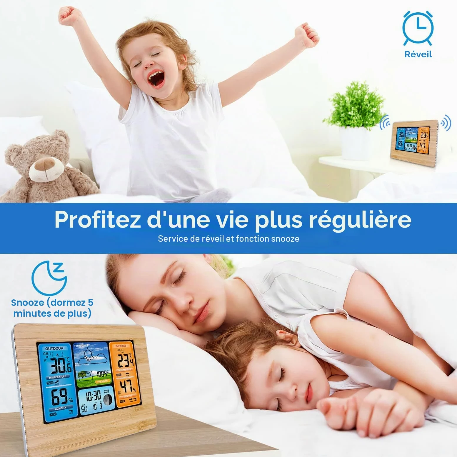 Station Météo sans Fil Station Météo à Prévision Numérique des Couleurs avec Alerte et Température/Humidité/Baromètre/Alarme/Horloge Lunaire/Météo avec Capteur Extérieur, Jaune