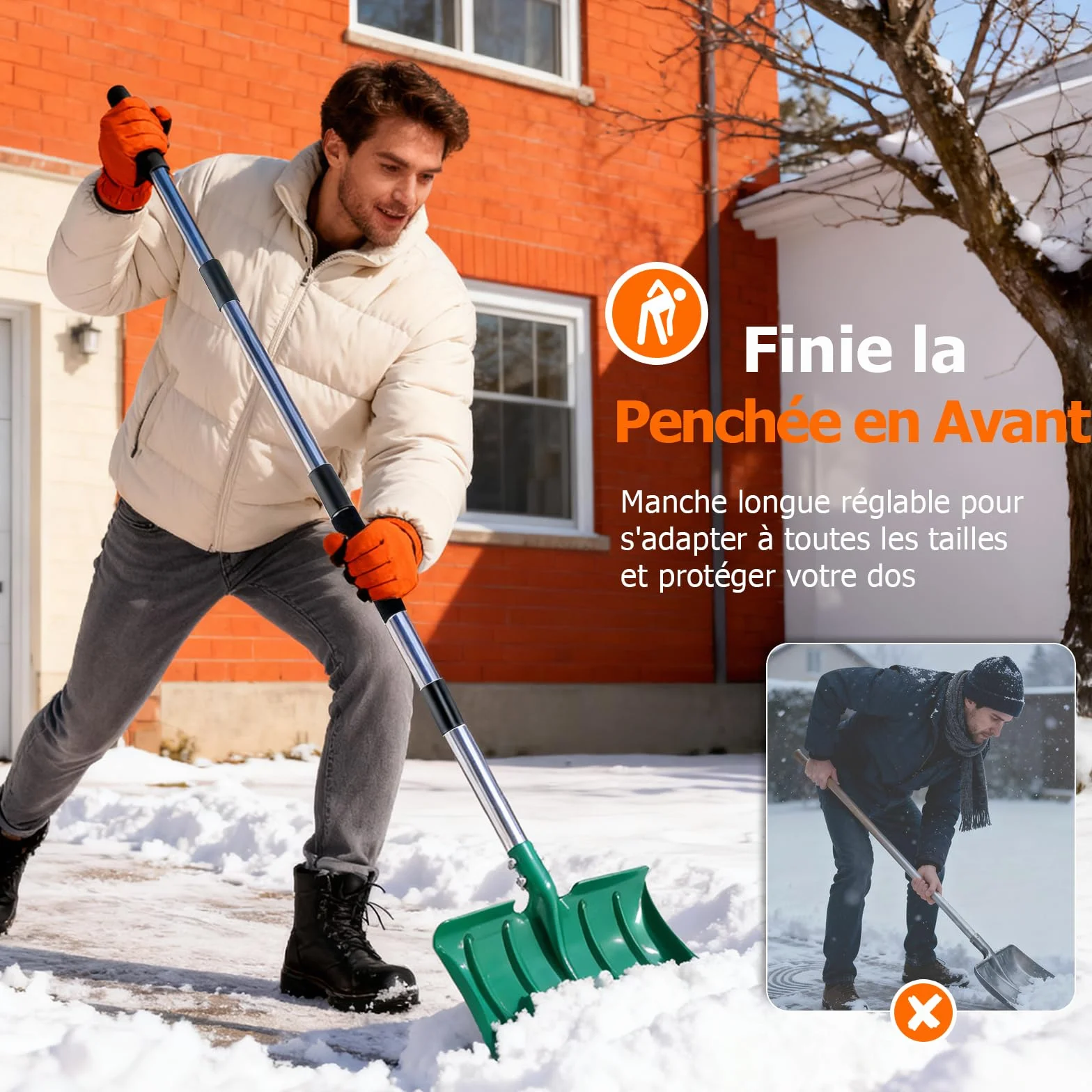 Pelle à Neige 163cm, Pelle Métal Haute Résistance 41cm, Manche Long Ergonomique Anti-Givre