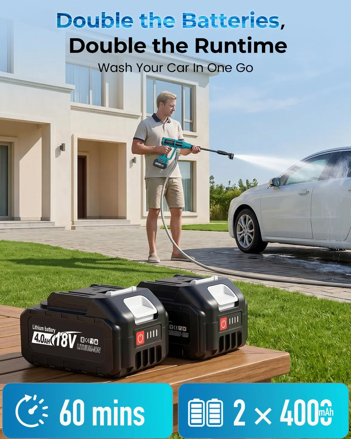 Nettoyeur Haute Pression à Batterie 80Bar à Batterie Compatible avec Batteries Makita 18V, Nettoyeur Haute Pression sans Fil avec 2 Batteries de 4,0 Ah, buse 6 en 1, pulvérisateur de Mousse, Filtre