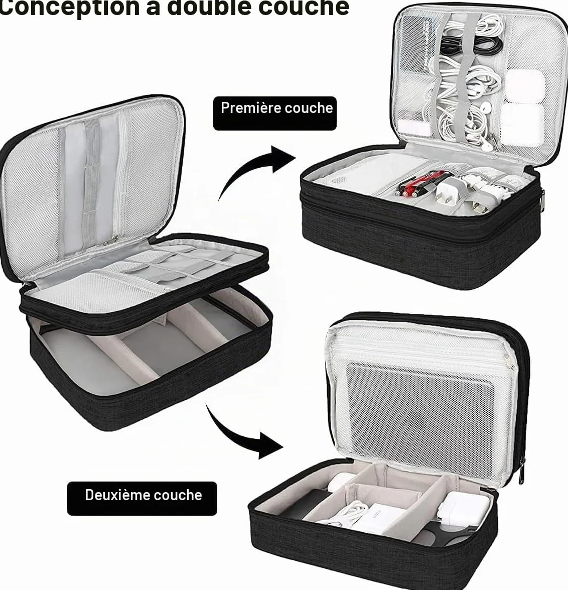 Sac Électronique Multifonctionnel Étanche 3 Couches de Rangement Câble Voyage 28 x 21 x 9 cm