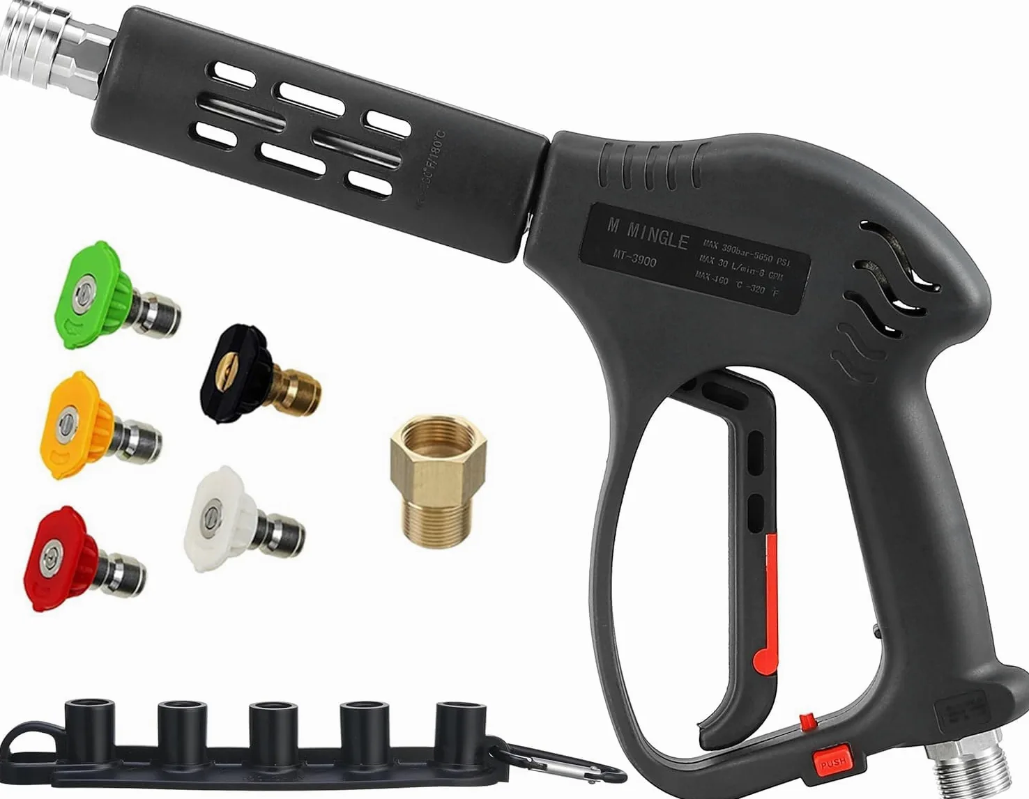 M MINGLE Pistolet Court pour Nettoyeur Haute Pression, Raccord M22, 5 Buses | Lance de Nettoyage Eau Chaude et Froide, Raccord Rapide 1/4", Verrouillage de Sécurité, 30 L/min, 350 Bar (5000 PSI)
