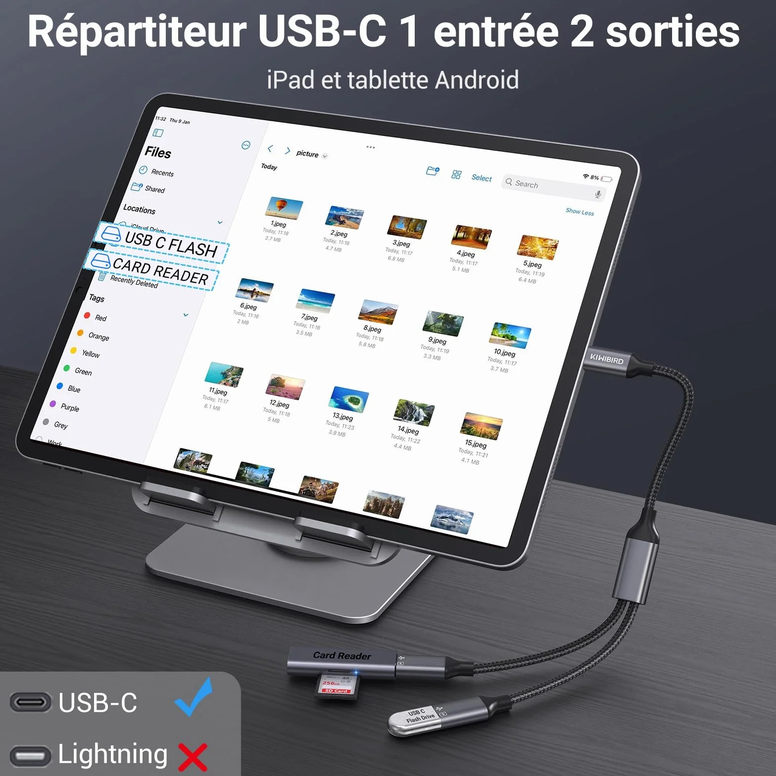 Adaptateur Double USB C mâle vers femelle KiwiBird pour charge données ordinateur portable Mac