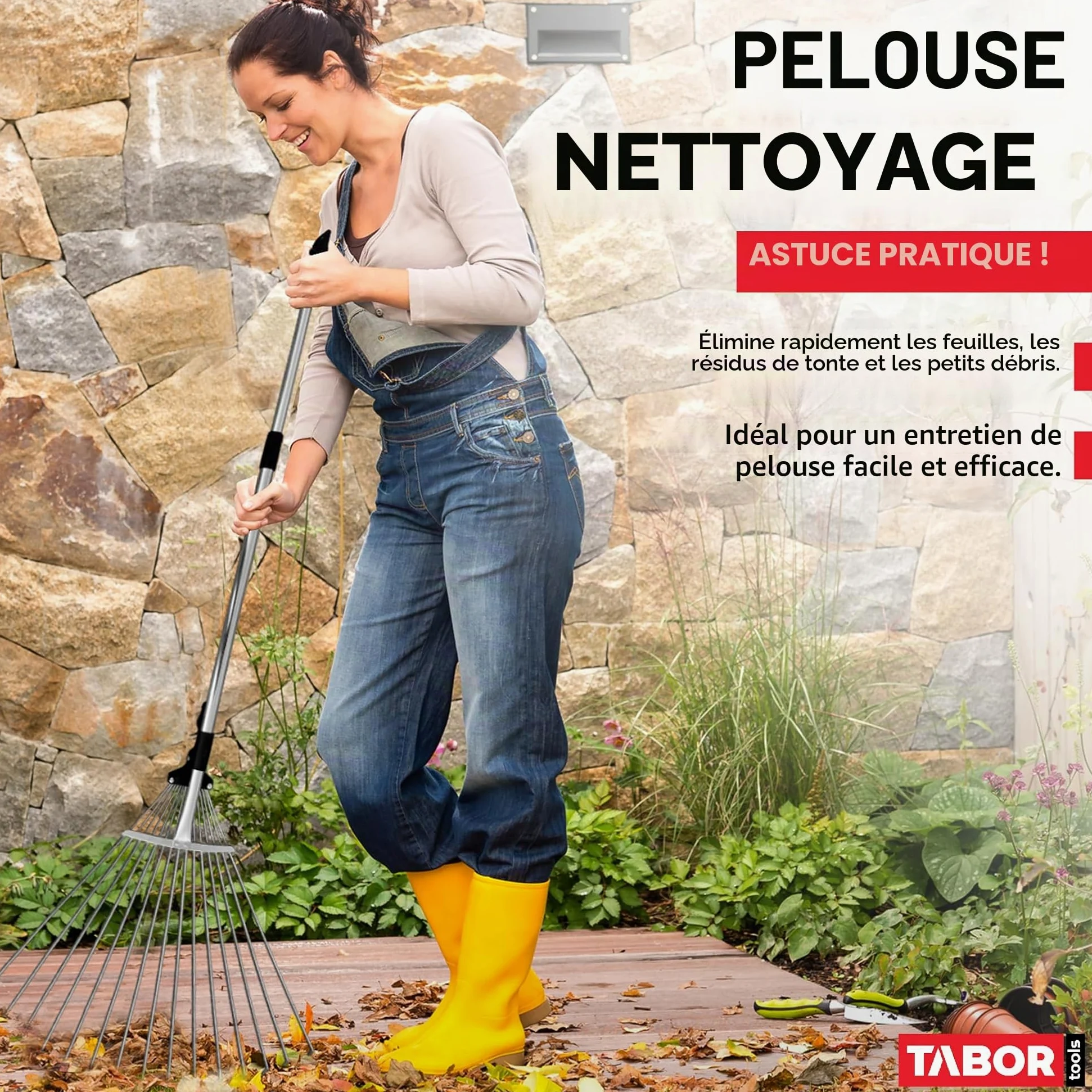 TABOR Tools J16E Râteau télescopique en métal, 160 cm de Long, râteau à Feuilles Pliable réglable pour Un Nettoyage Rapide de la pelouse et de la Cour, râteau à Feuilles de Jardin, poignée Extensible