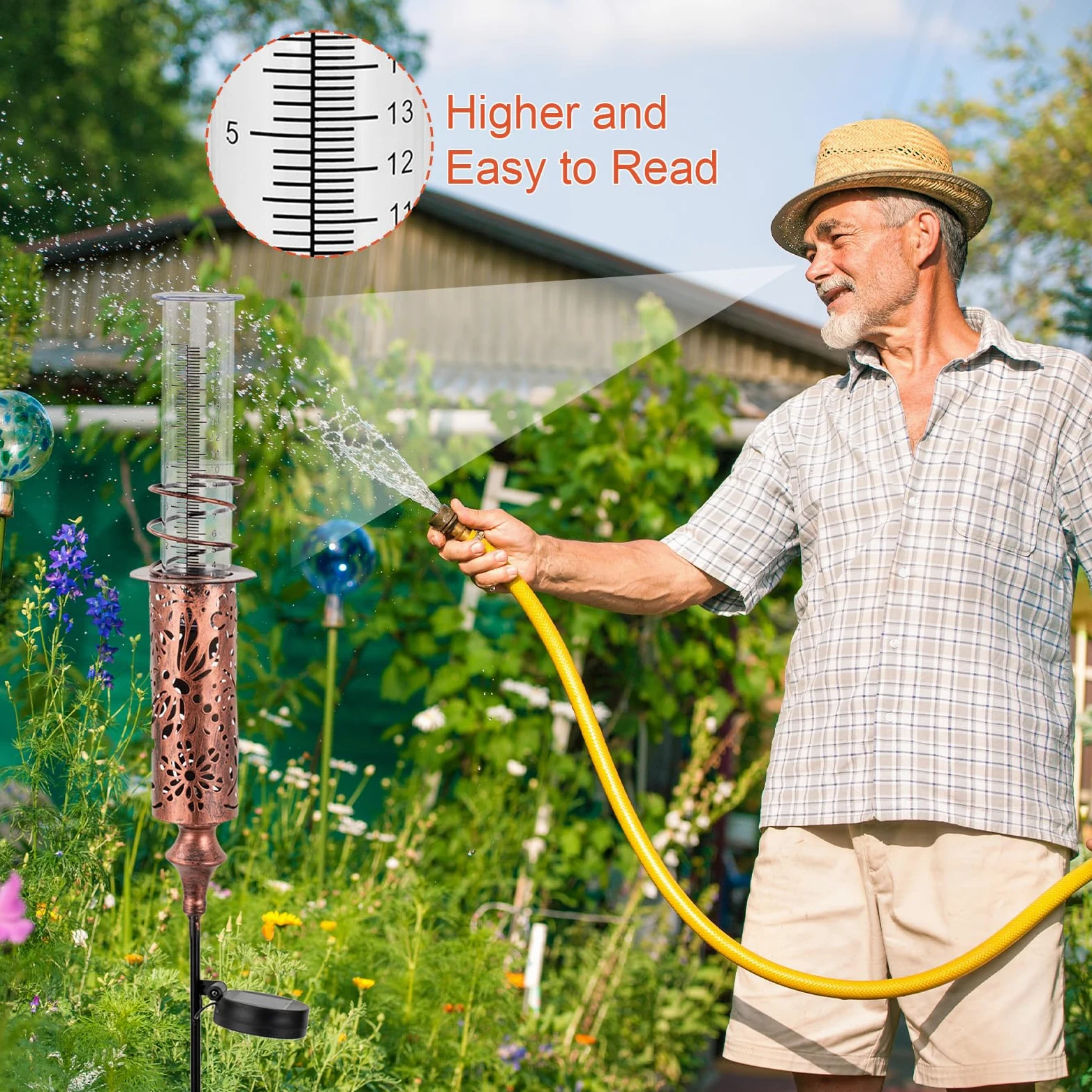 Pluviomètre d'extérieur solaire pour cour, jauge de pluie anti-gel avec tube en plastique de 17,8 cm, piquet décoratif de jardin en cuivre avec lumière LED
