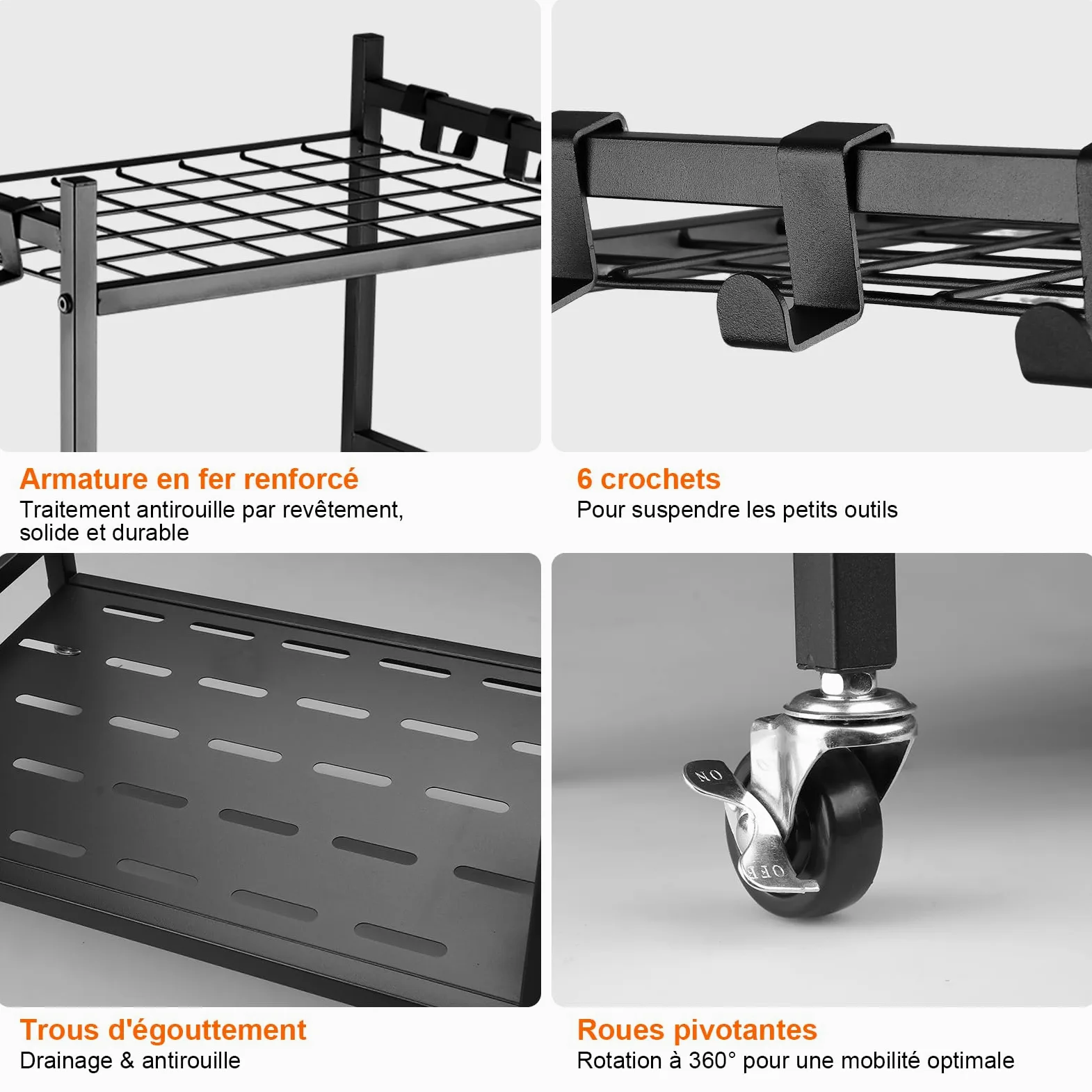 Organisateur d'outils de Jardin 40 Emplacements et 6 Crochets, Support Rangement Outils pour Jardin en Carbone, 42*30*80cm, Étagère de Rangement pour Garage Pelouse Abri Balai Pelle Râteau