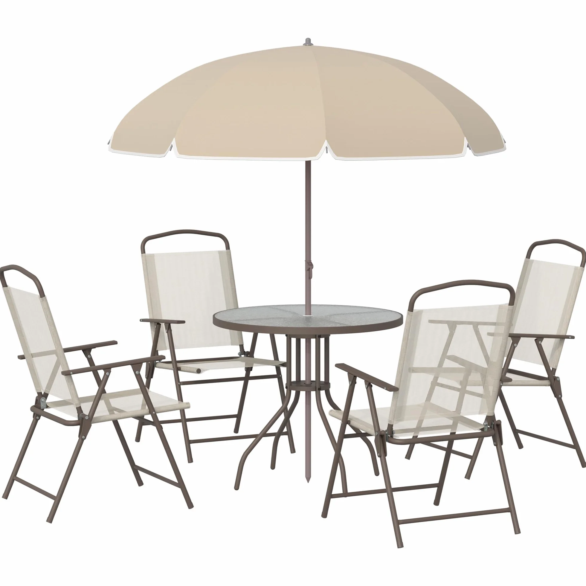 Outsunny Salon de Jardin 6 pièces Table Ronde Chaises Pliables Parasol Acier époxy Polyester Beige
