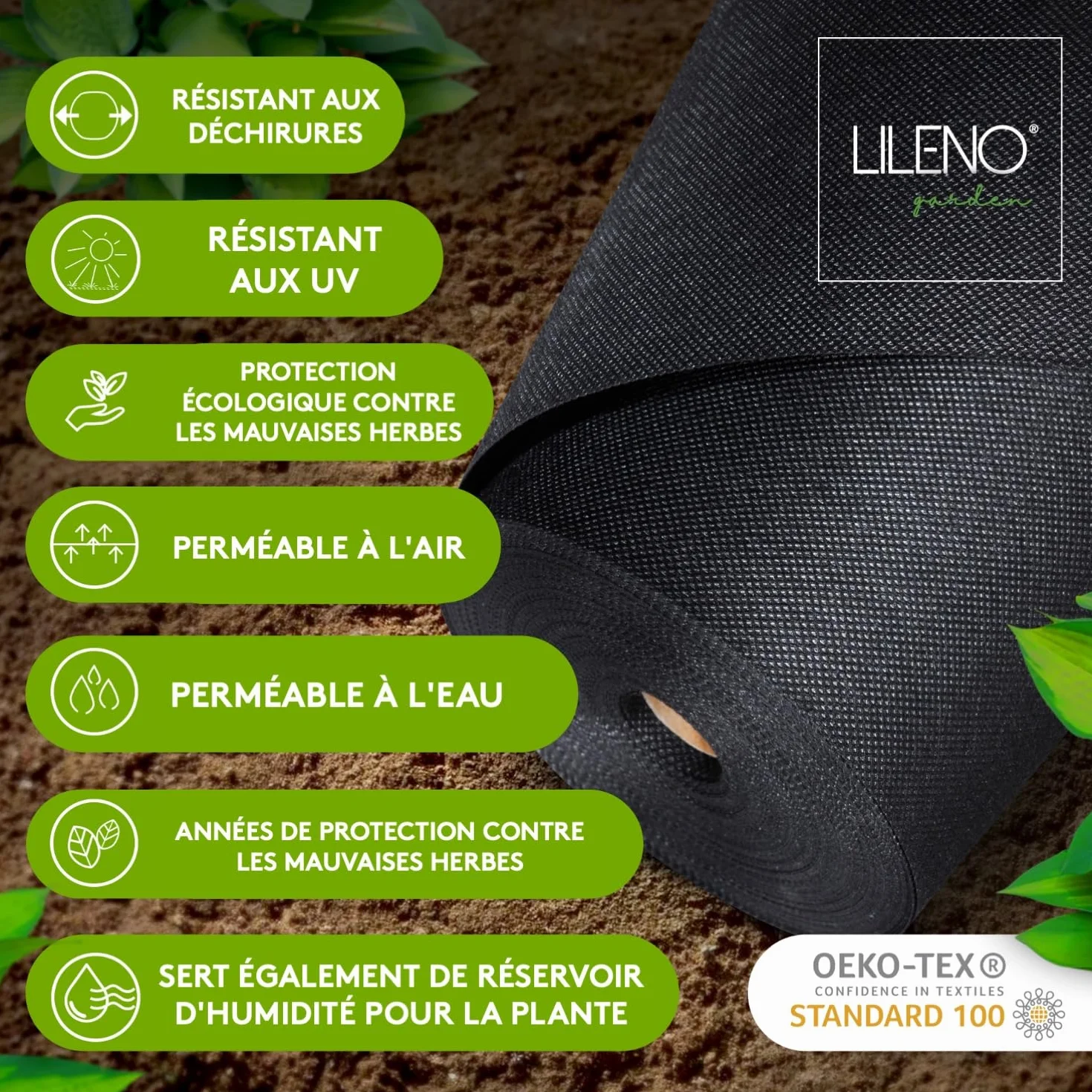 LILENO HOME Toile non tissée anti-mauvaises herbes jardin 50 m² 150 g/m² 1 m x 50 m perméable à l'eau