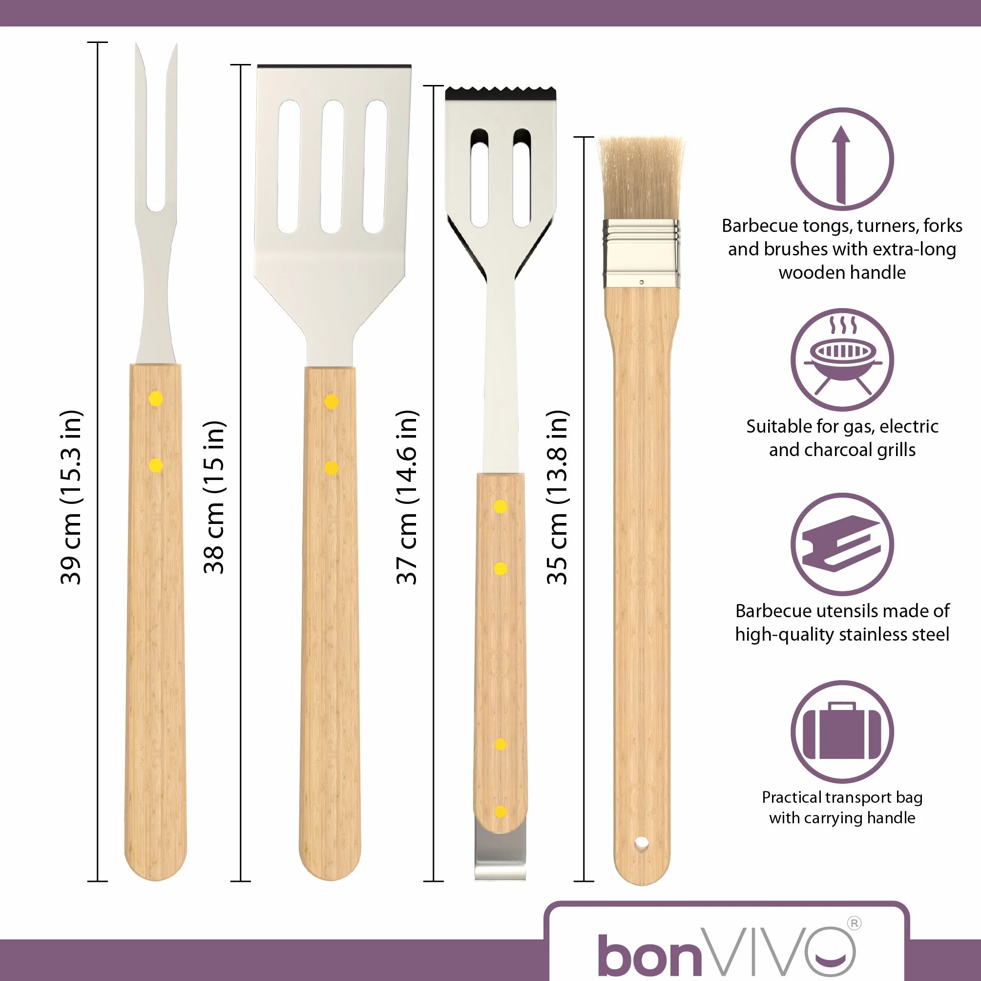 bonVIVO Ensemble Barbecue 5 Pièces, Accessoires BBQ INOX Longs Manches en Bois