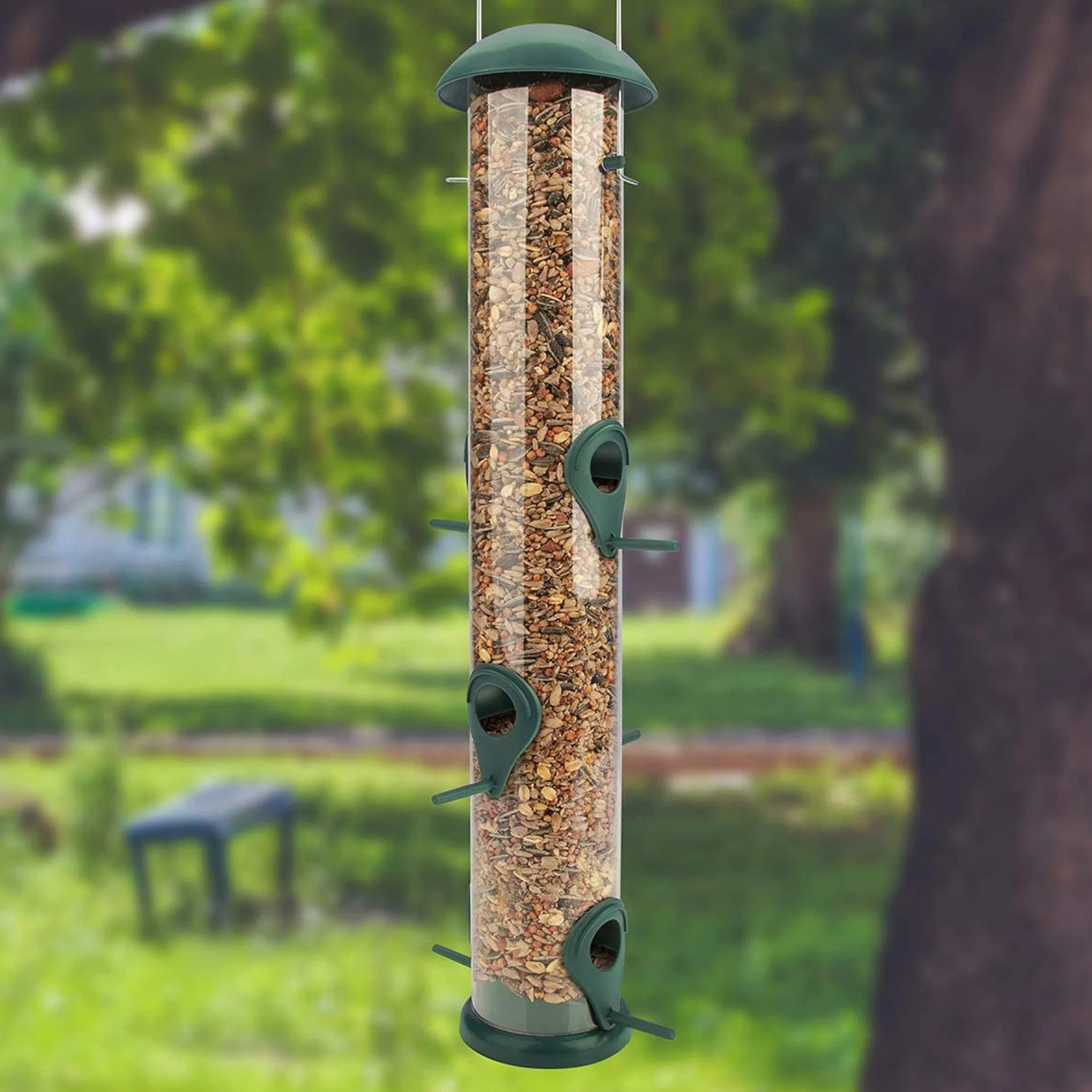 Mangeoire Oiseaux Exterieur à Grain 40cm Vert 6 Points d'Approche Nichoir Oiseaux Sauvages Silo Alimentation