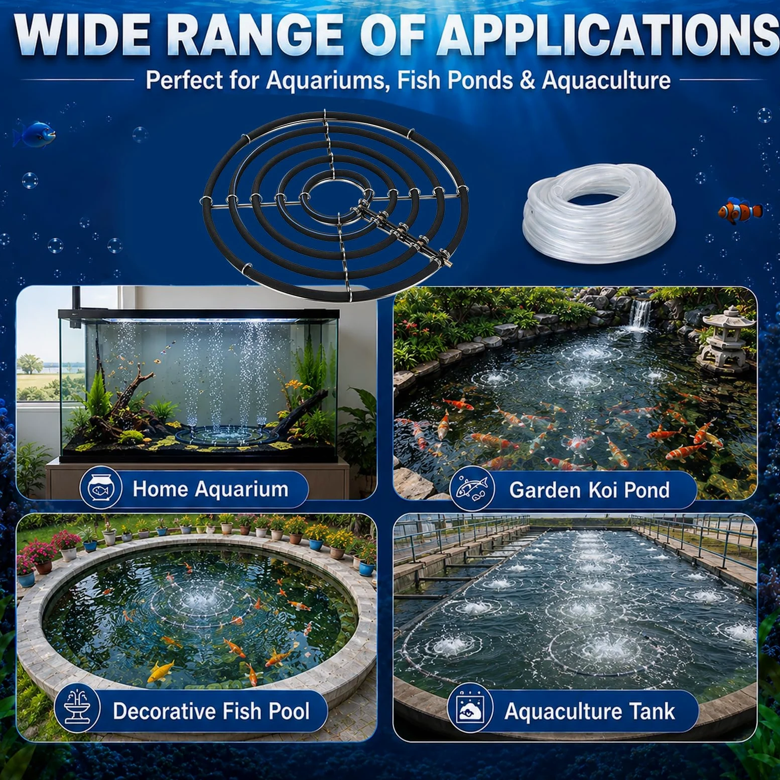 Anneau aérateur japonais pour bassin koï, aérateur d'oxygène en acier inoxydable avec tuyau d'air, évacuation japonaise pour bassin koï, approvisionnement en oxygène dans le bassin de jardin