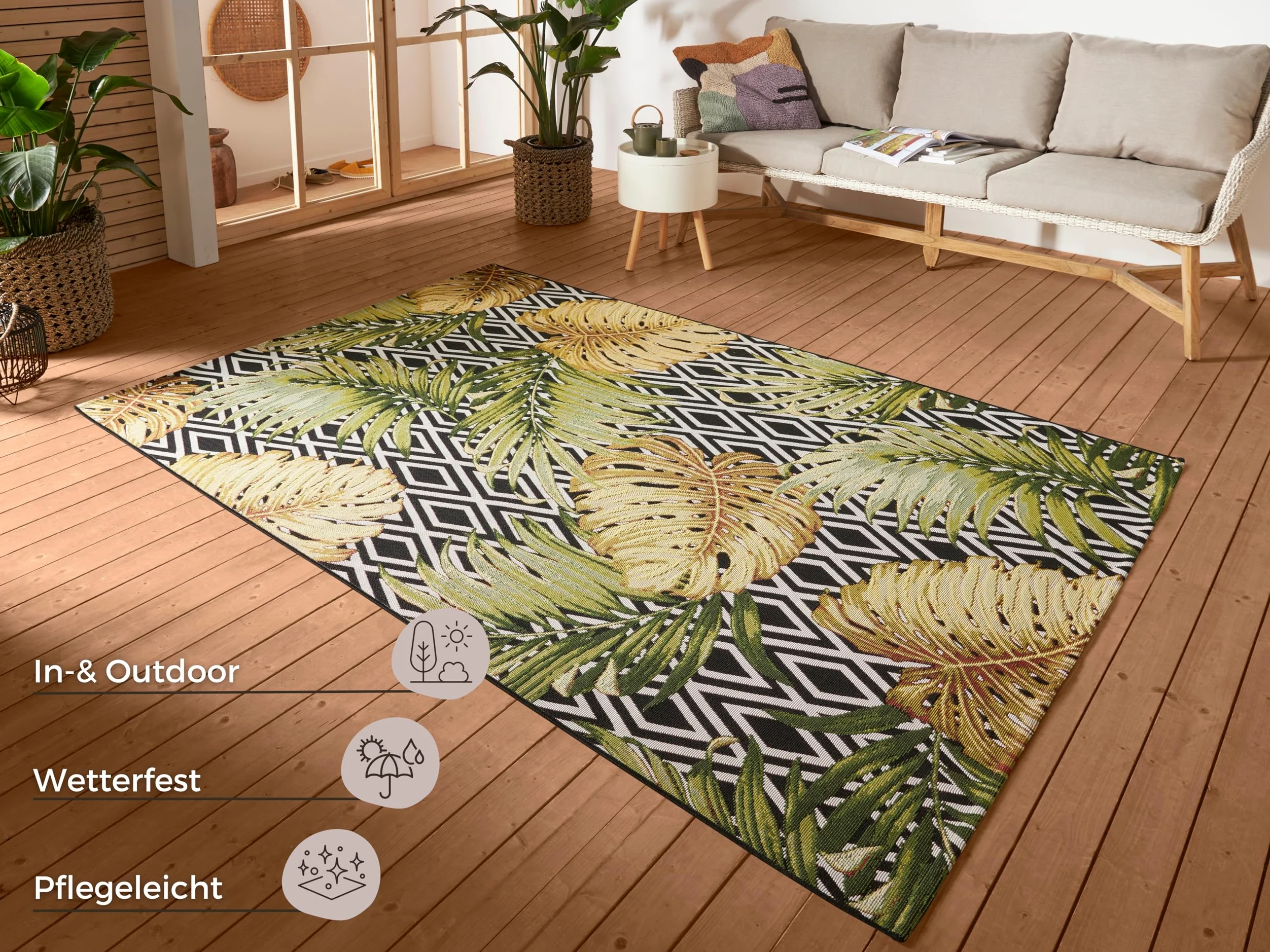 HANSE Home Diamonds Tapis d'intérieur et d'extérieur - Tissage Plat - Motif géométrique - Design de Palmiers Floraux - Certifié Oeko-Tex - Résistant aux intempéries et aux UV - pour Balcon, terrasse,