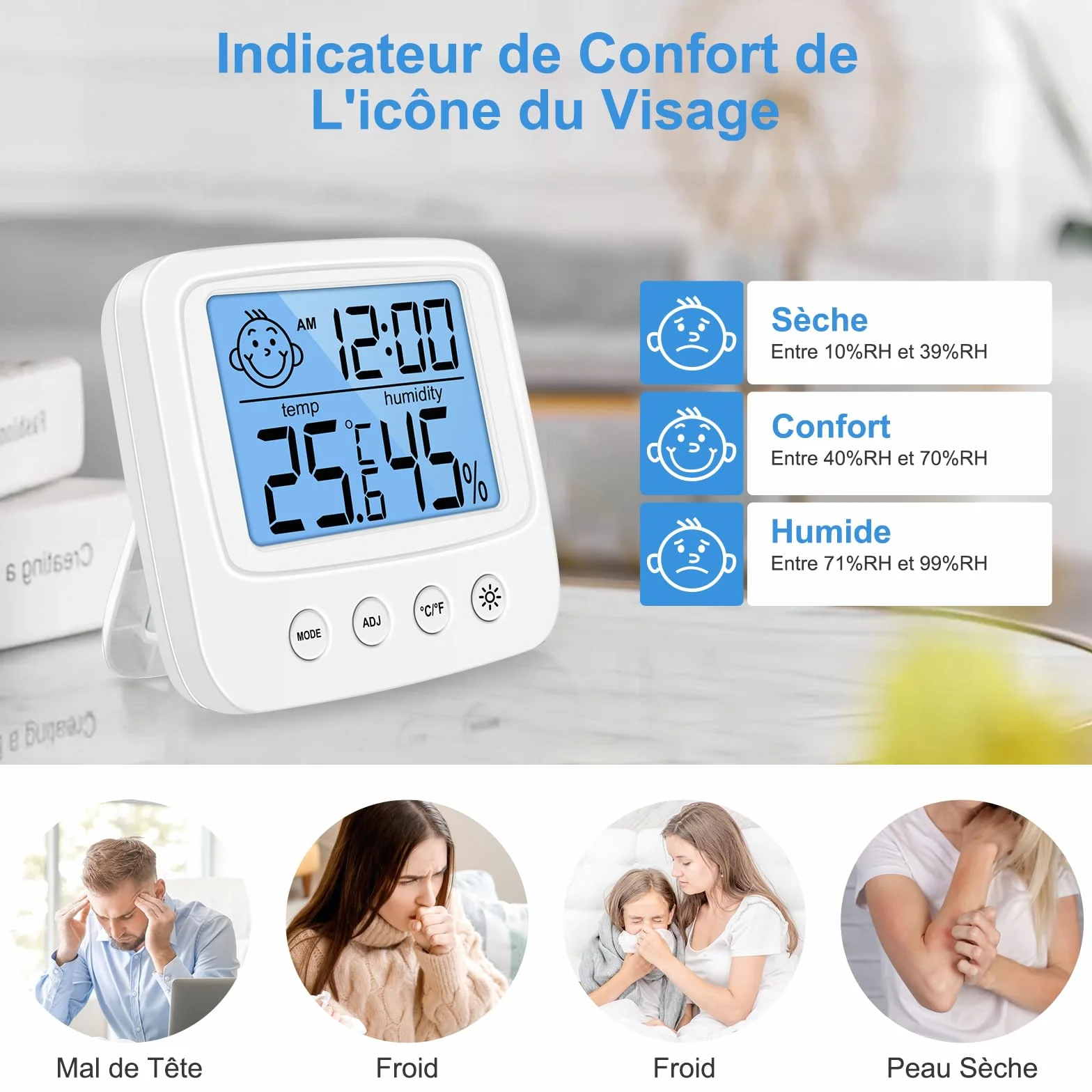 Vinabo Thermomètre Hygromètre Intérieur Digital Haute Précision avec Rétroéclairage Horloge