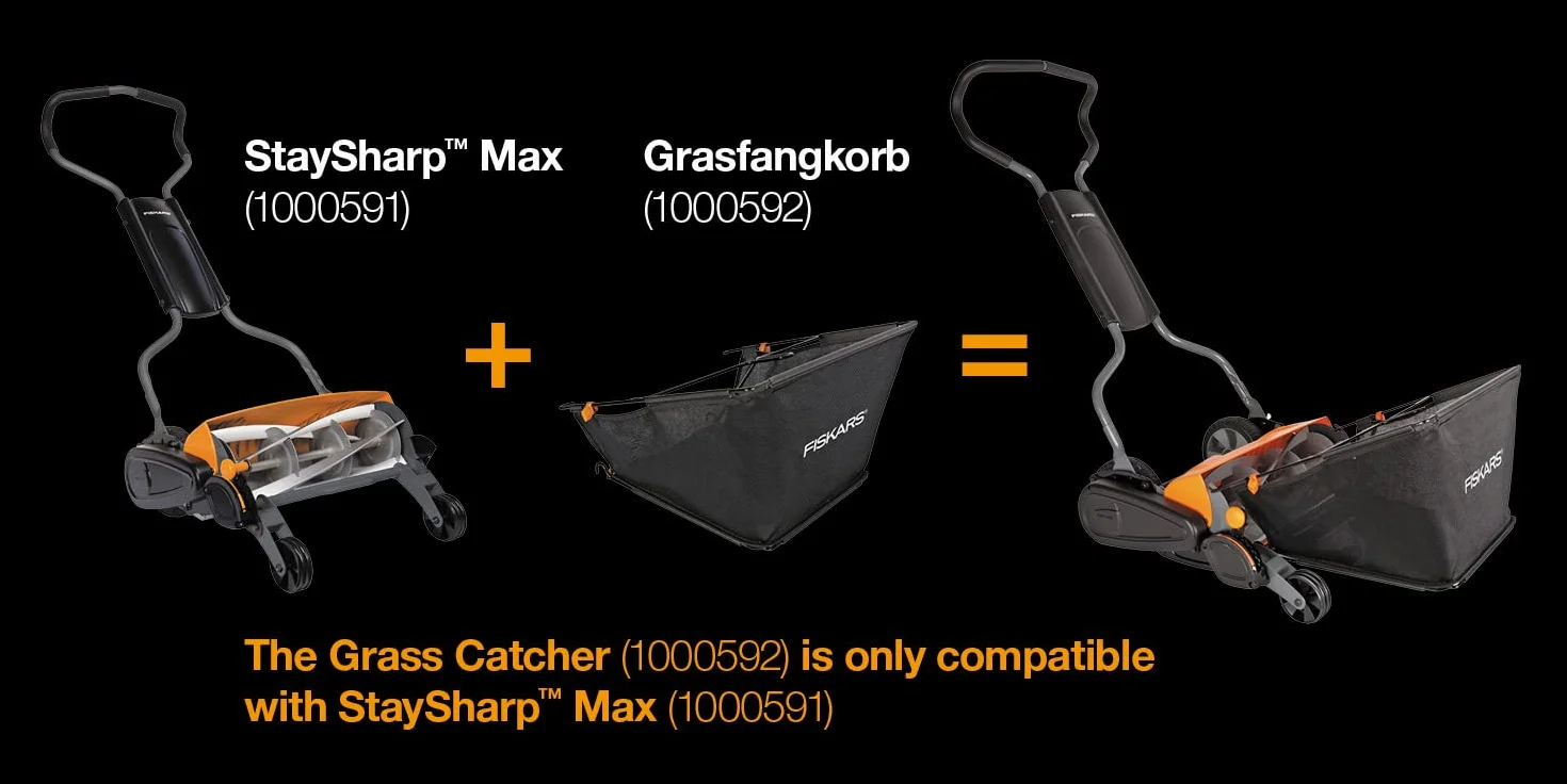 Fiskars Tondeuse à gazon manuelle, Tondeuse à cylindre avec système de coupe sans frottement des lames, Largeur de coupe: 46 cm, Noir/Orange/Argenté, StaySharp Max, 1000591 | Largeur de coupe: 46 cm, Noir/Orange/Argenté, StaySharp Max, 1000591