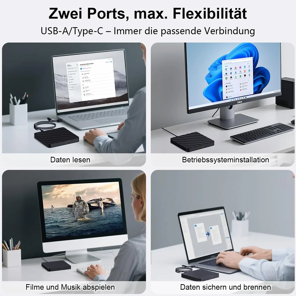 Lecteur CD DVD Externe USB 3.0 Graveur DVD RW pour PC Windows Mac OS Linux