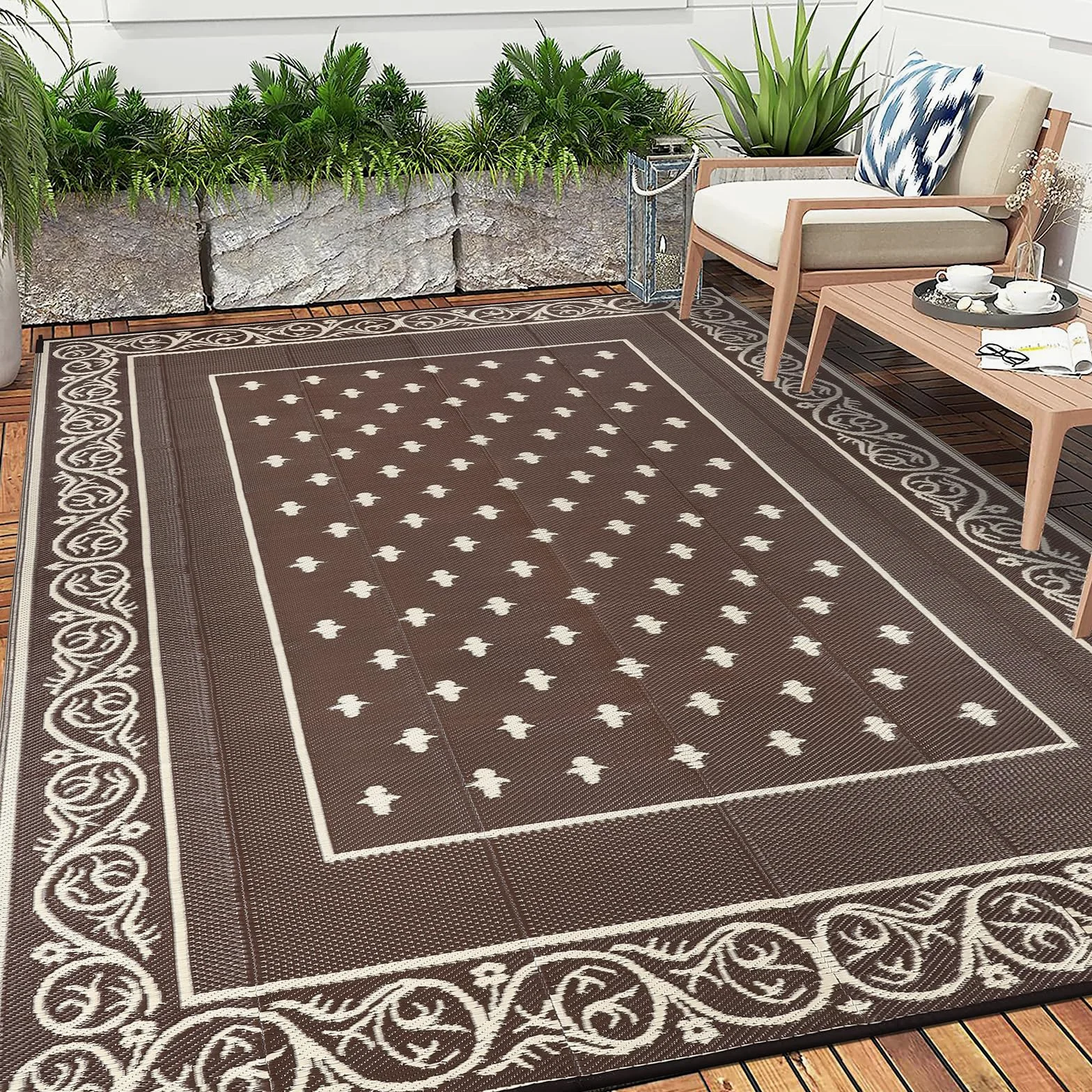 Pauwer Tapis d'extérieur imperméable de 2,4 x 3 m pour patio, tapis réversible avec paille en plastique, tapis d'intérieur et d'extérieur pour camping-car, pique-nique, jardin, terrasse, balcon,