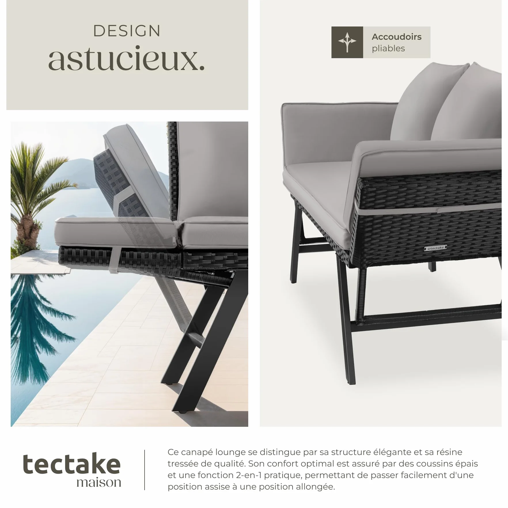 Tectake Salon de Jardin Exterieur 2en1 Canapé 2 Places Bain de Soleil en Résine Tréssée