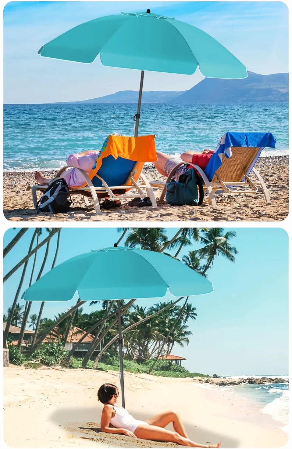 Parasol Plage Inclinable UV50+ 200cm Turquoise HOMEDEMO avec Pied d'Ancrage & Housse