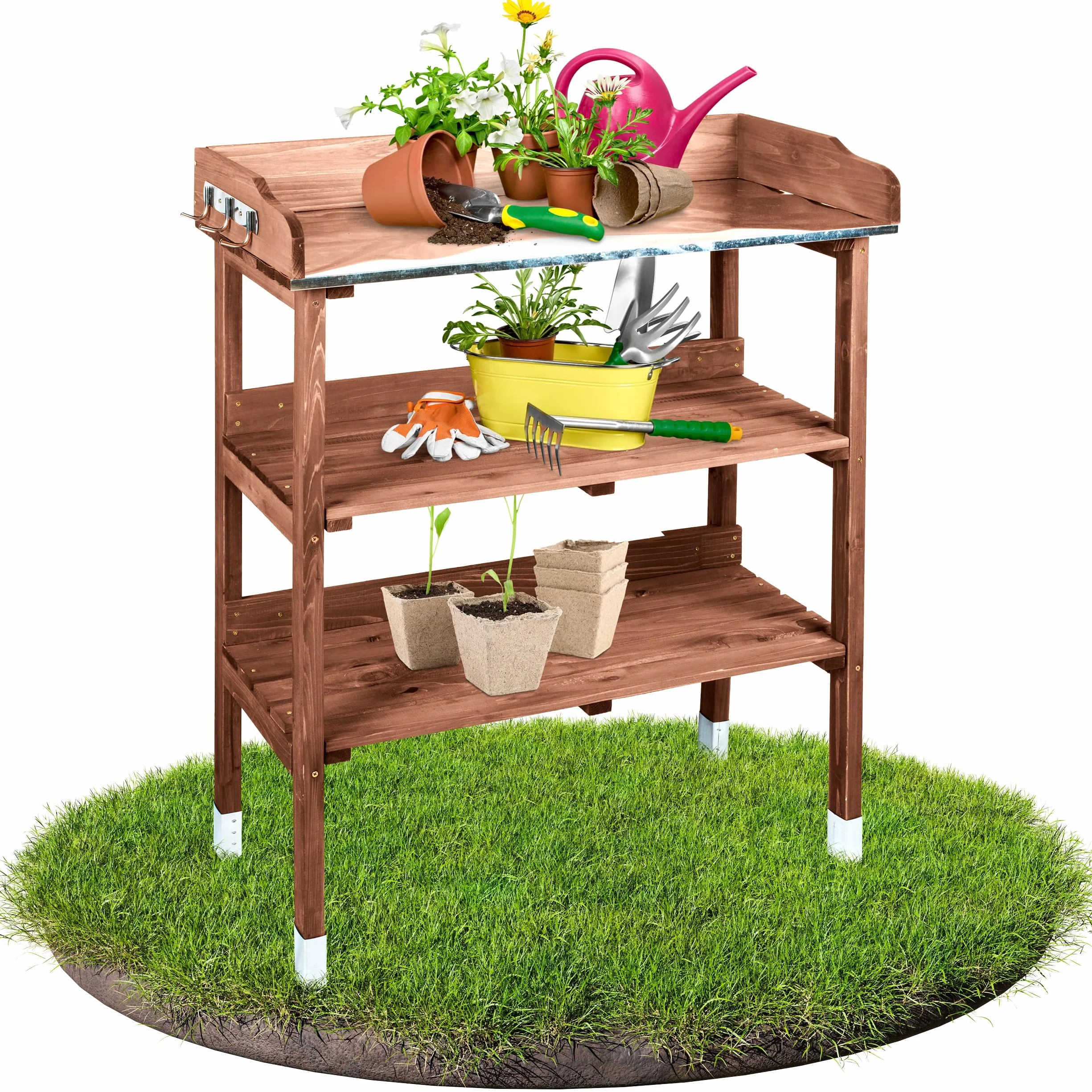 TTL Garden Planter Deluxe Table de jardinage 3 tiroirs plan de travail galvanisé extérieur résistante intempéries étagère 6 crochets bois sapin marron