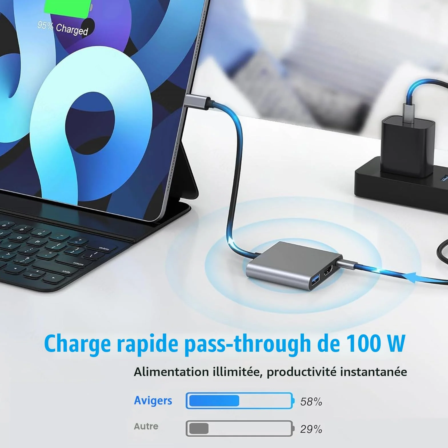 Adaptateur USB C vers HDMI 4K, Hub Multiport 3 en 1 avec PD Charge 100W, USB 3.0 pour Samsung MacBook Pro