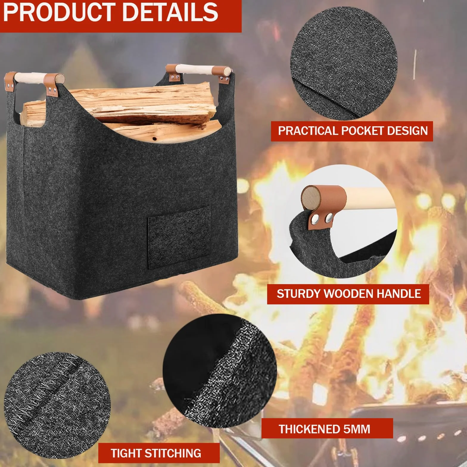 Panier à bûches XXL 70L Feutre Pliable Sac à Bois pour Cheminée 55 x 32 x 40 cm Gris Foncé