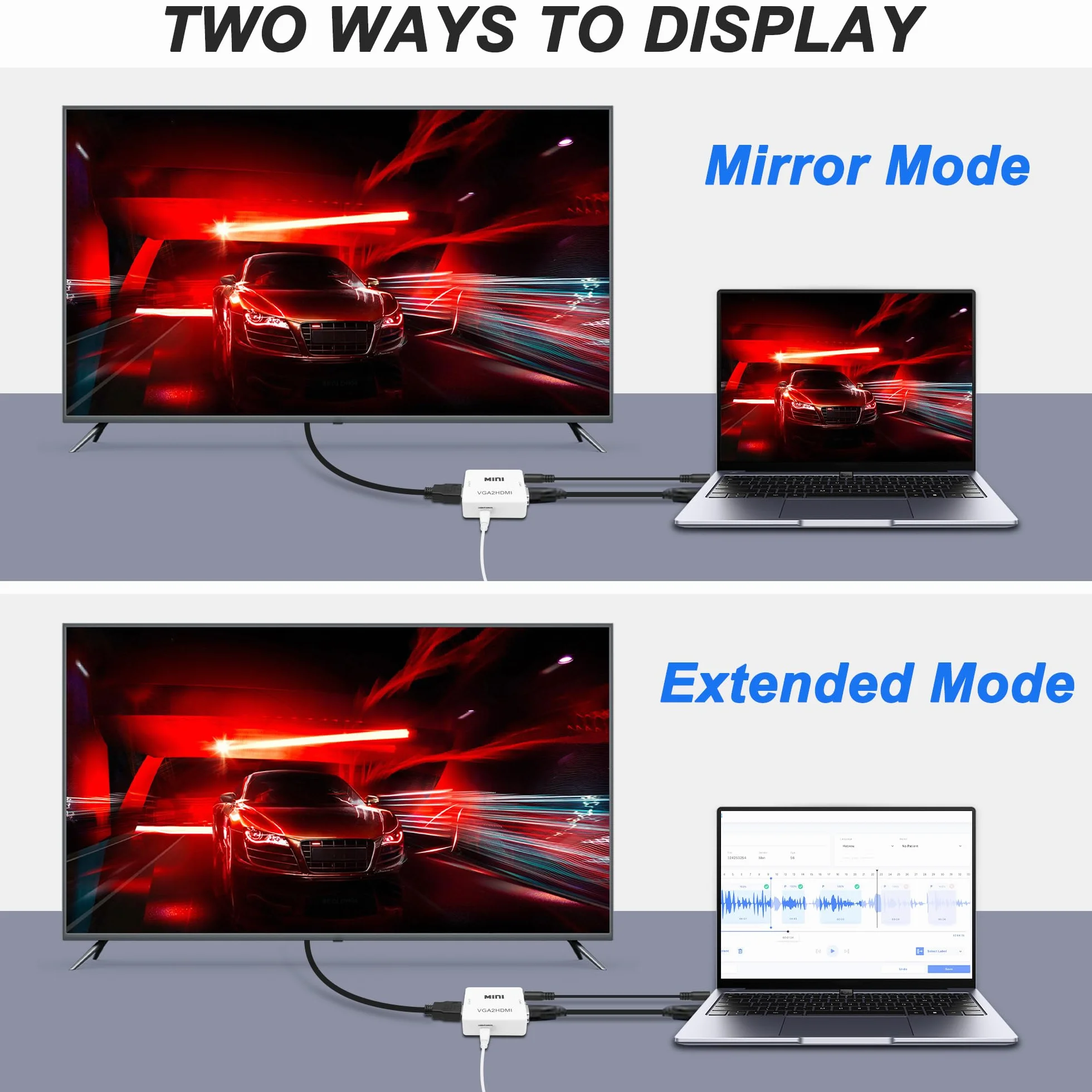 Convertisseur VGA vers HDMI 1080p avec port audio 3,5 mm pour PC, ordinateur portable, projecteur (blanc)