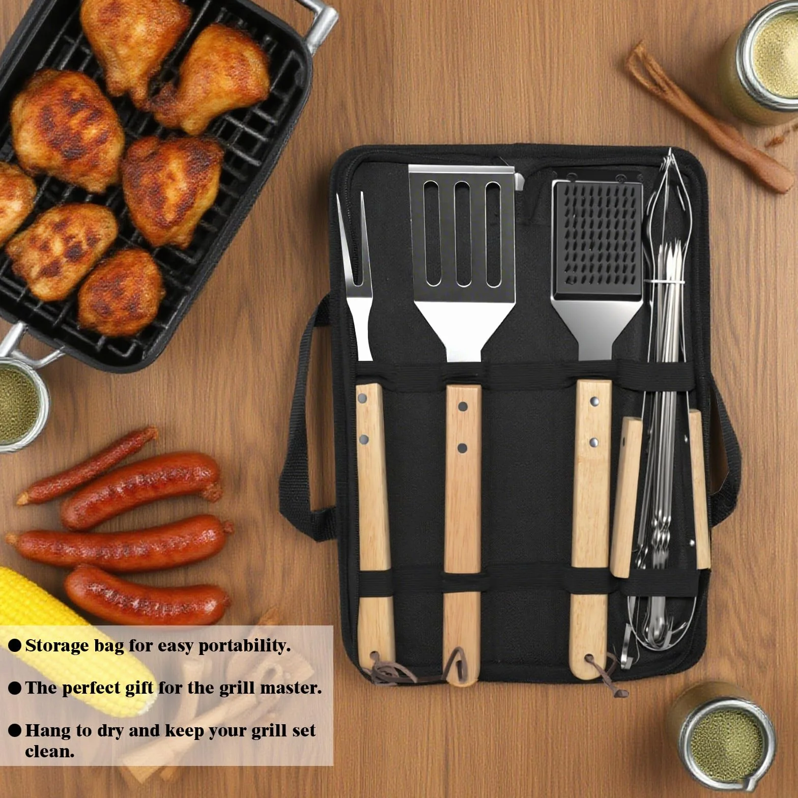 Ensemble Ustensiles Barbecue en Acier Inoxydable avec Sac, Spatule et Fourchette pour Extérieur