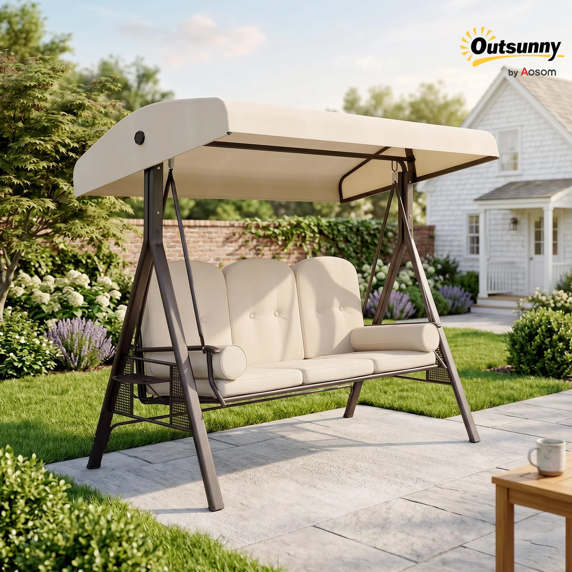 Outsunny Balancelle de Jardin 3 Places Grand Confort Toit Inclinaison réglable Coussins Plateaux rétractables Beige
