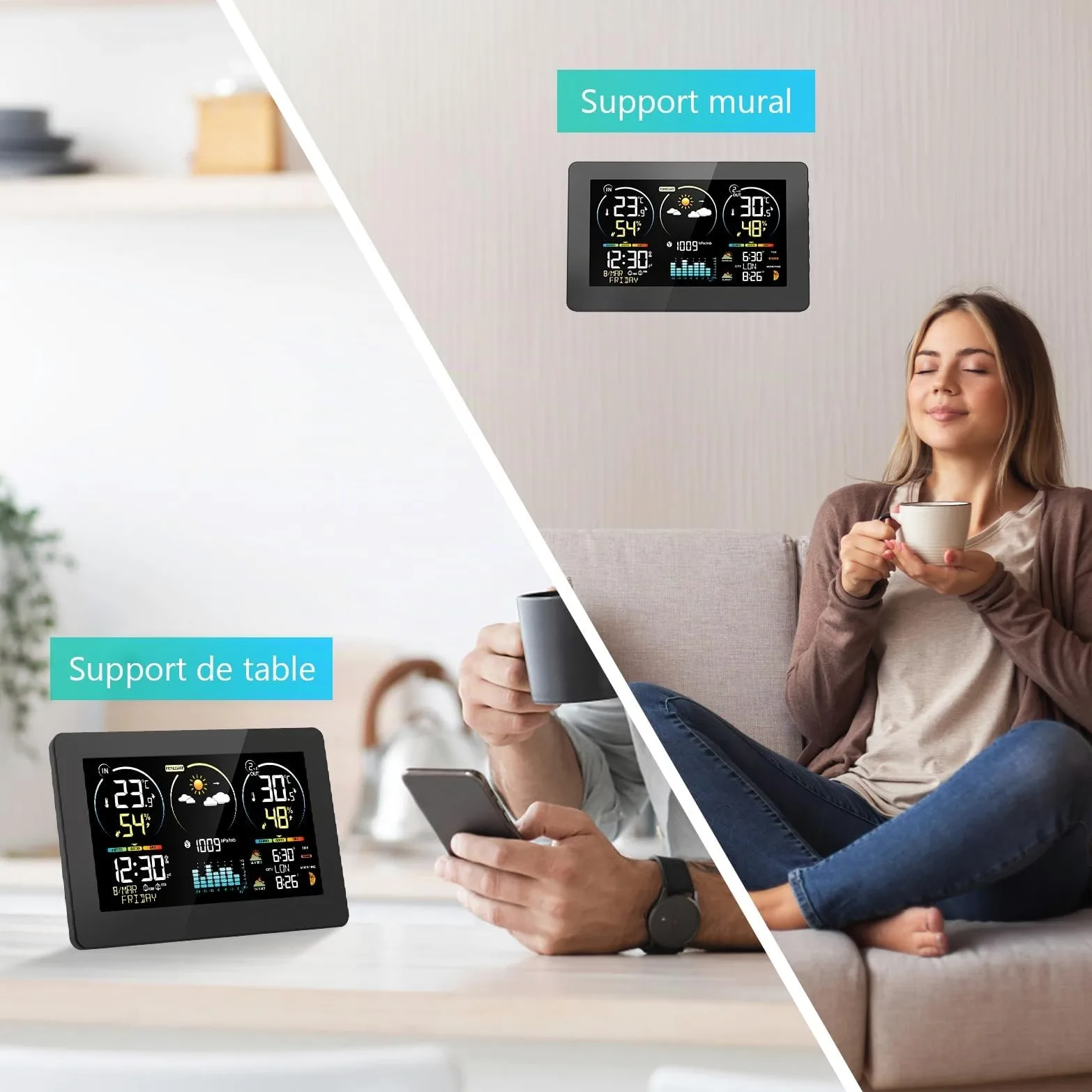 Station Météo Intérieur Extérieur Sans Fil avec 1 Capteur Extérieur | Thermomètre Hygromètre Digital, Écran LCD Couleur, Horloge Radio-commandée, Réveil Snooze, Calendrier, Prévisions Météo