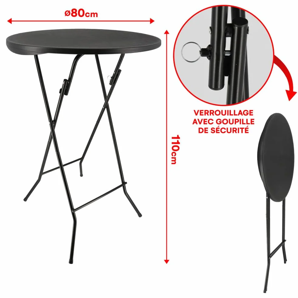 Oxeo Table Mange Debout Pliable 80cm H110cm Table Haute Bar Plateau Résine Acier Noir