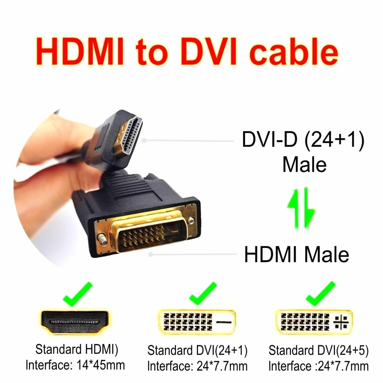 Câble HDMI vers DVI 1M 1080P plaqué Or bidirectionnel mâle vers mâle