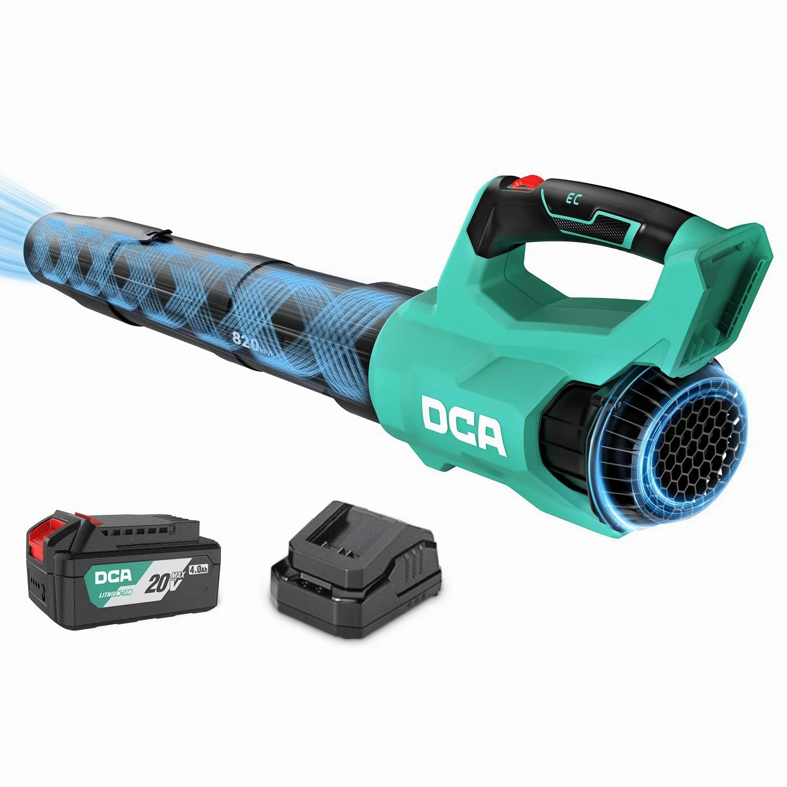 DCA Souffleur de Feuilles sans Fil 20V avec Moteur Brushless, Débit d'air 820 m³/h & 193 km/h, Batterie 4.0Ah Incluse, Ultra-Léger 1,5kg, Variateur de Vitesse pour Jardin, Allées et Poussière