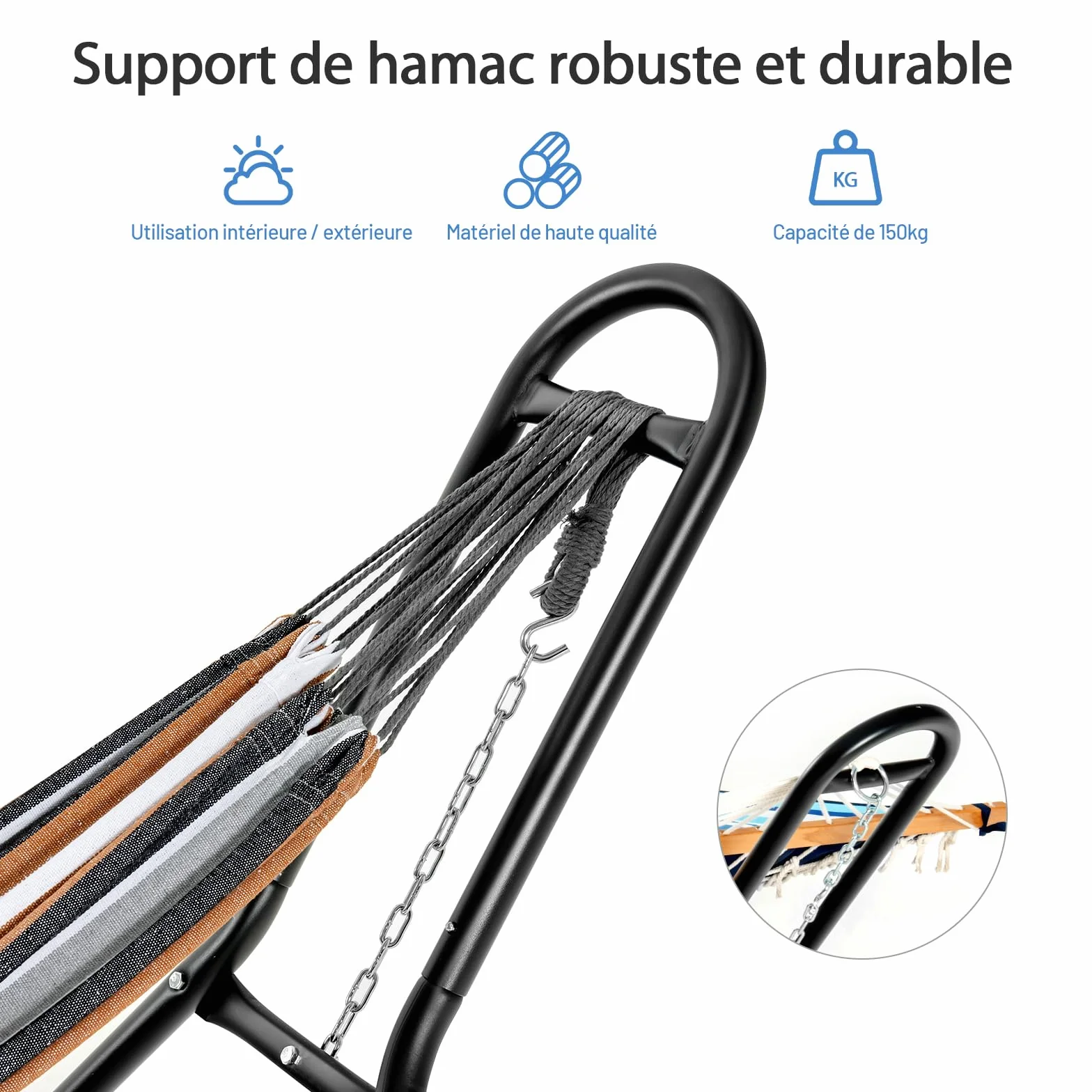 Costway Support de Hamac Double en Métal 200 kg H280x95x115 cm Ajustable Noir pour 2 Personnes