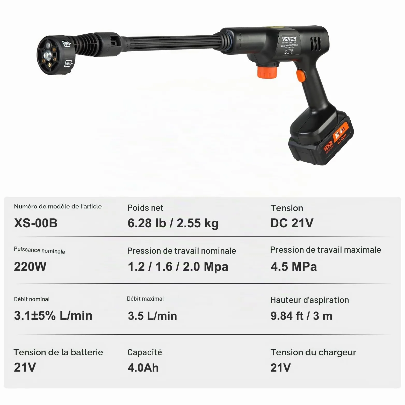 VEVOR Nettoyeur Haute Pression sur Batterie sans Fil 21 V Nettoyeur Haute Puissance Portable 652 PSI 50 bar Laveuse Électrique 3,5 L/min Batterie 4,0 Ah Chargeur pour Nettoyage Terrasse Jardin Voiture
