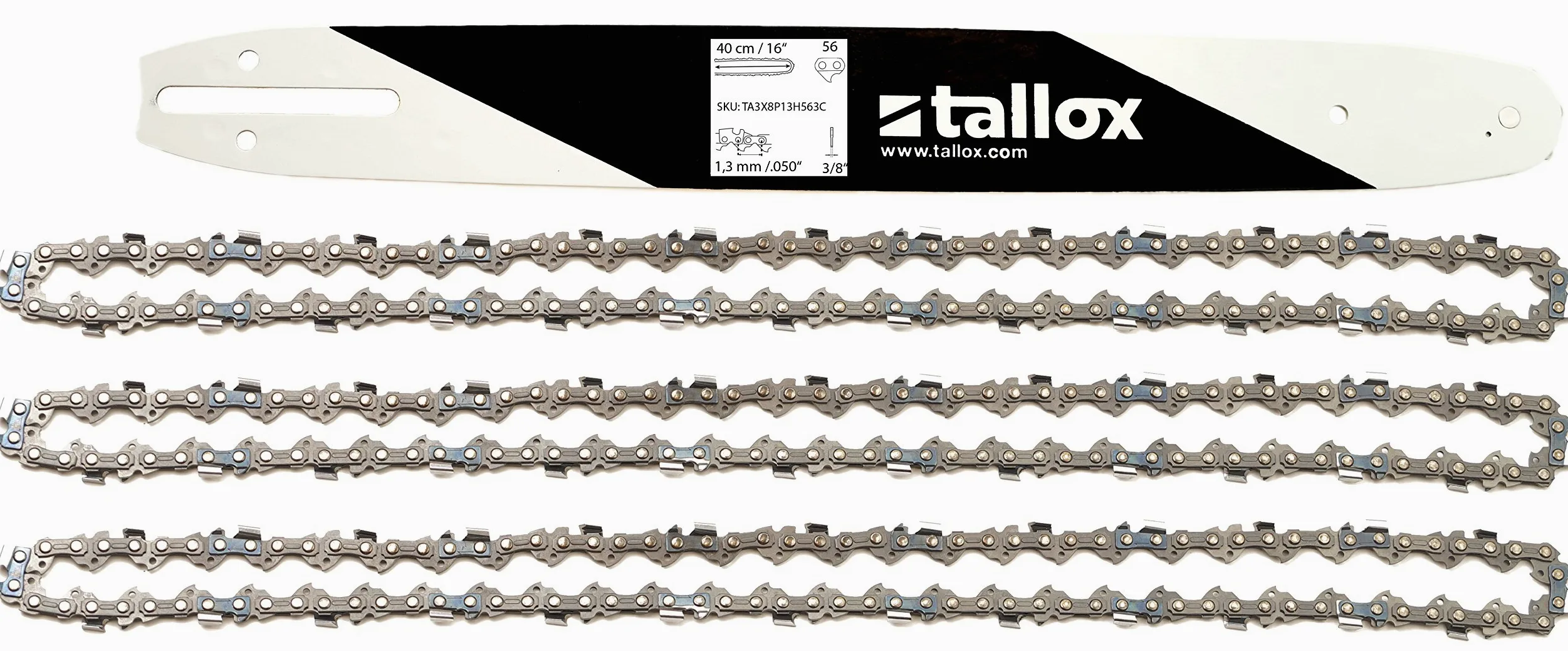 tallox 3 chaînes de tronçonneuses et 1 Guide-chaînes 3/8" 1,3 mm 56 maillons Longueur de Guide-chaîne 40 cm Compatible avec Oregon Dollmar Einhell Makita Black & Decker et Autres