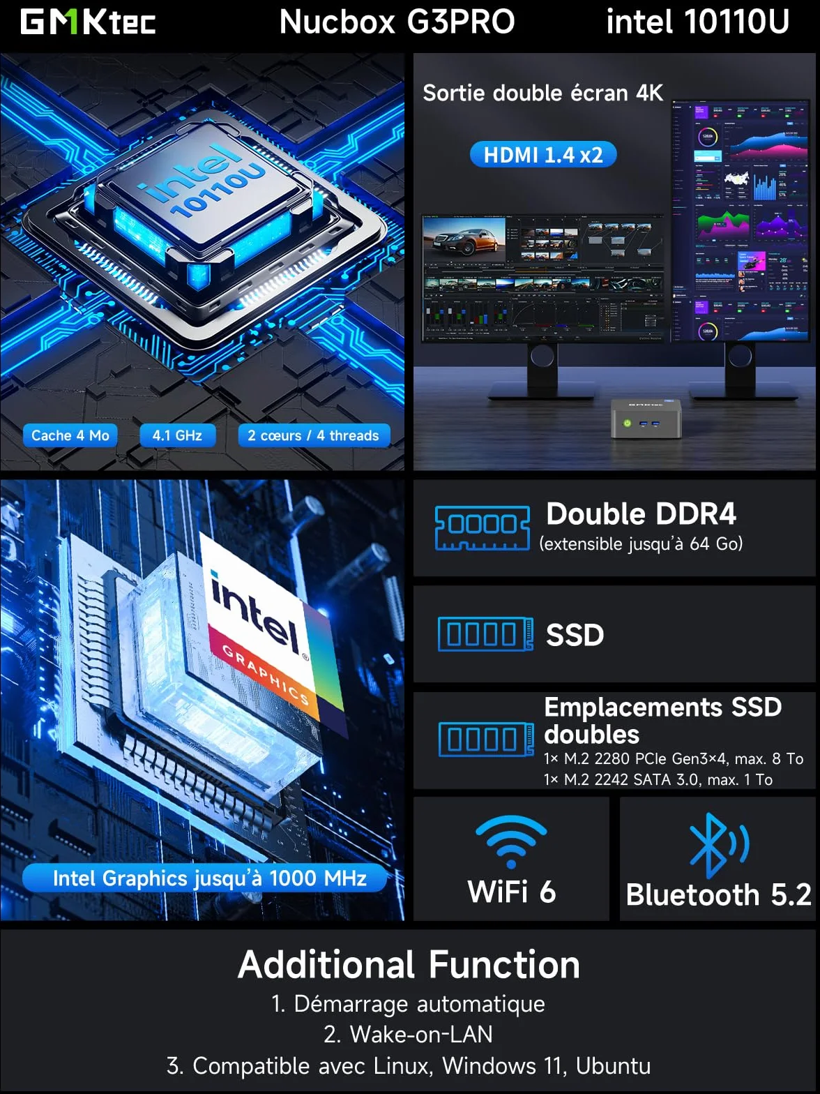 GMKtec G3 Pro Mini PC Intel i3-10110U 16Go DDR4 RAM 512Go SSD WiFi6 BT5.2 2.5G LAN