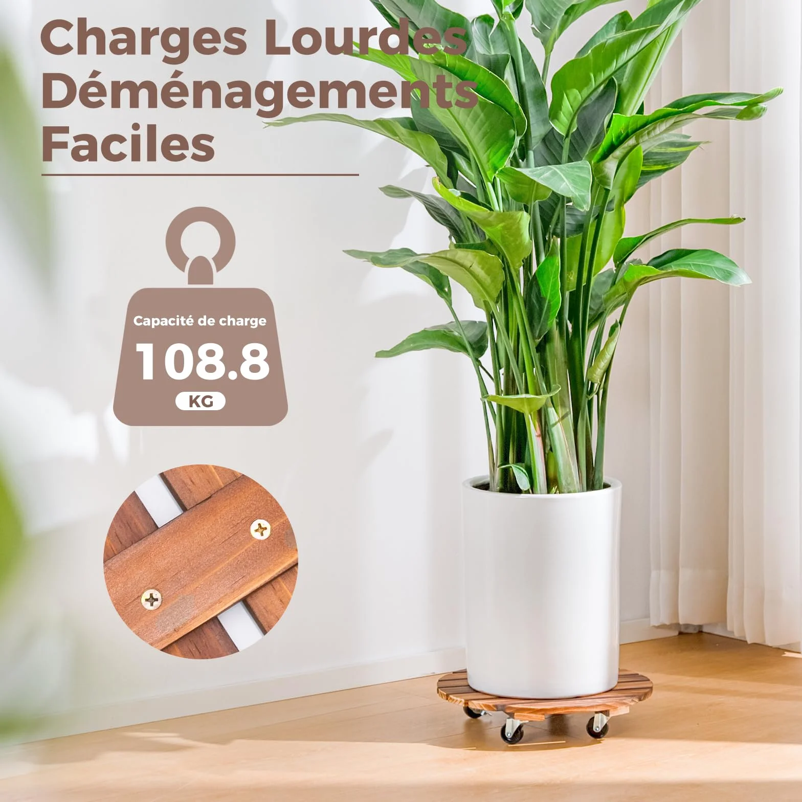 Bamworld Porte Plante à Roulettes, Lot de 2 Plateaux Roulants 30,5 cm, Capacité 100 KG, Marron Foncé